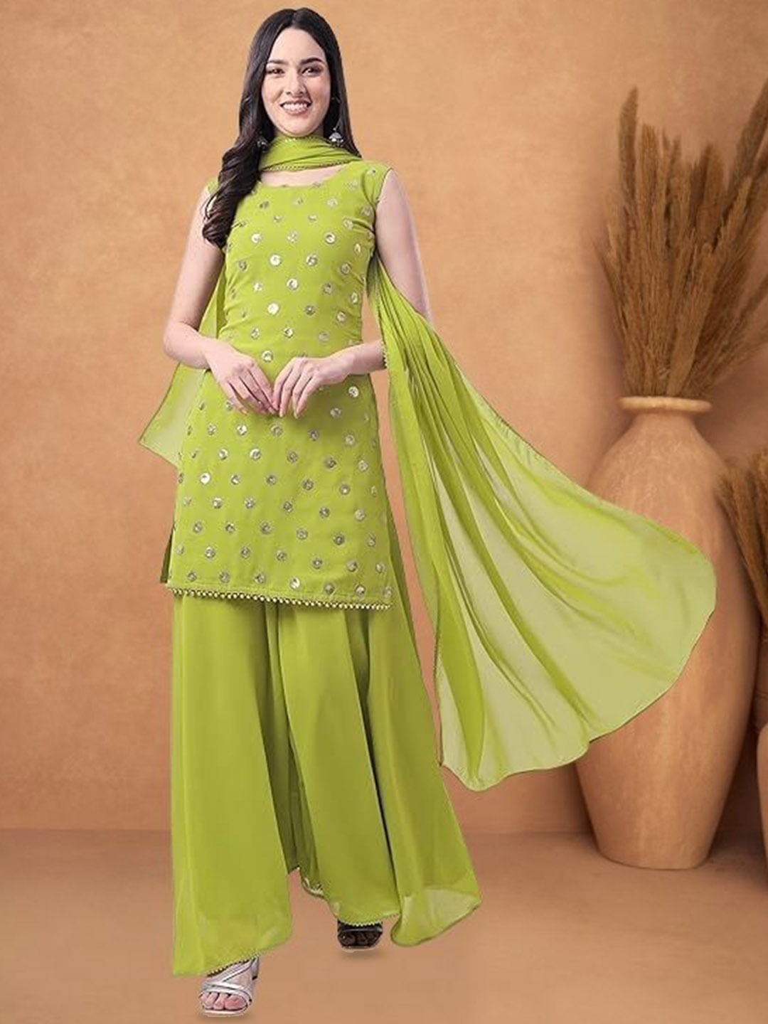 

PARROT CREATION Geometric Embroidered Georgette Straight Kurti With Palazzo & Dupatta, Lime green