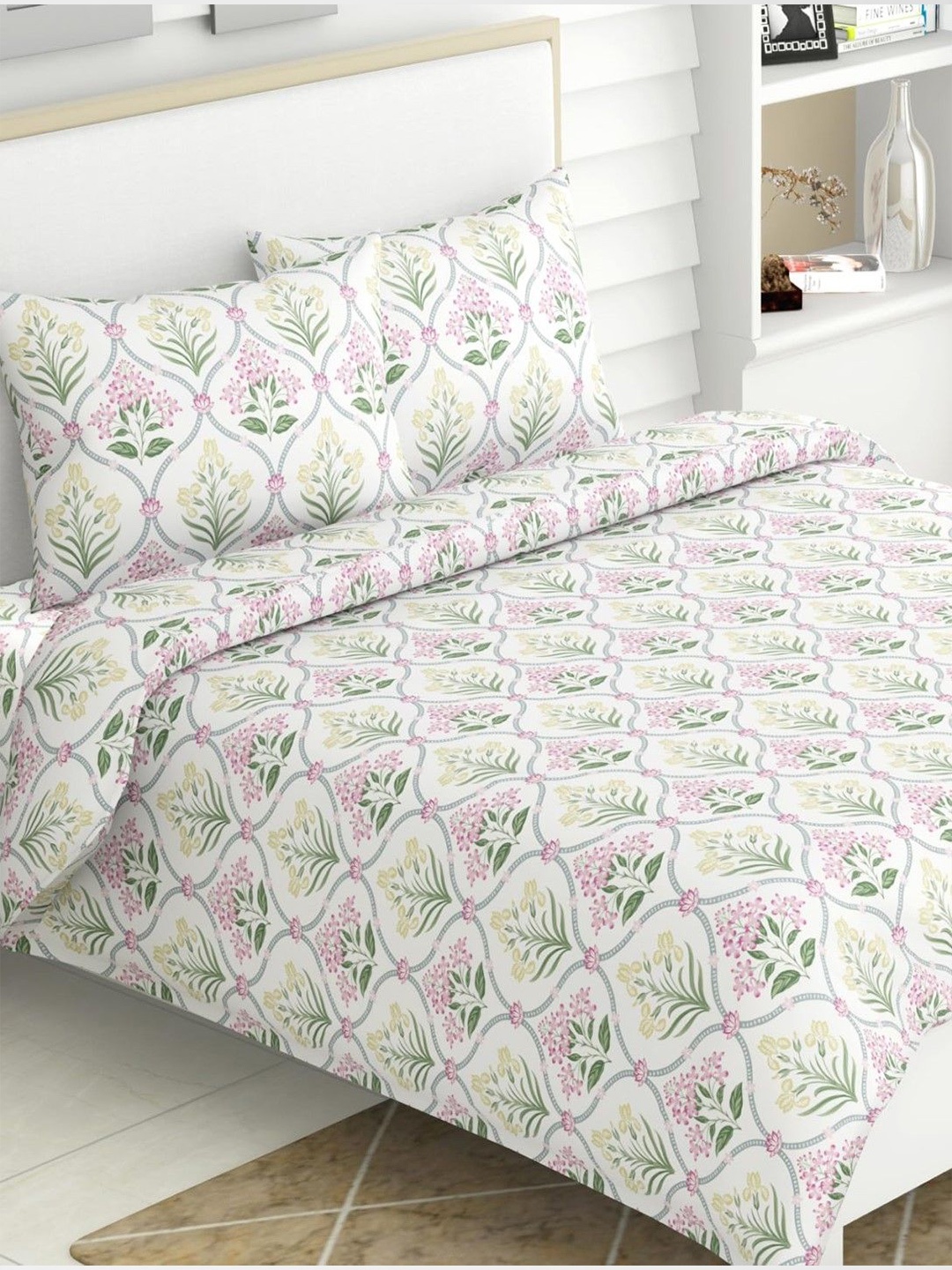 

haus & kinder Blossom Pink & White Printed Pure Cotton 186TC King Bedsheet Set-2.75mx2.75m
