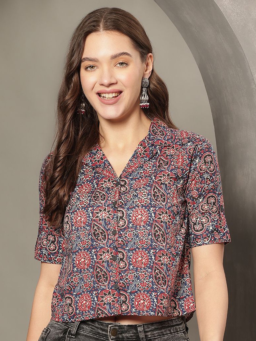

JANAKDULARI CREATION Women Floral Printed Lapel Collar Cotton Top, Red