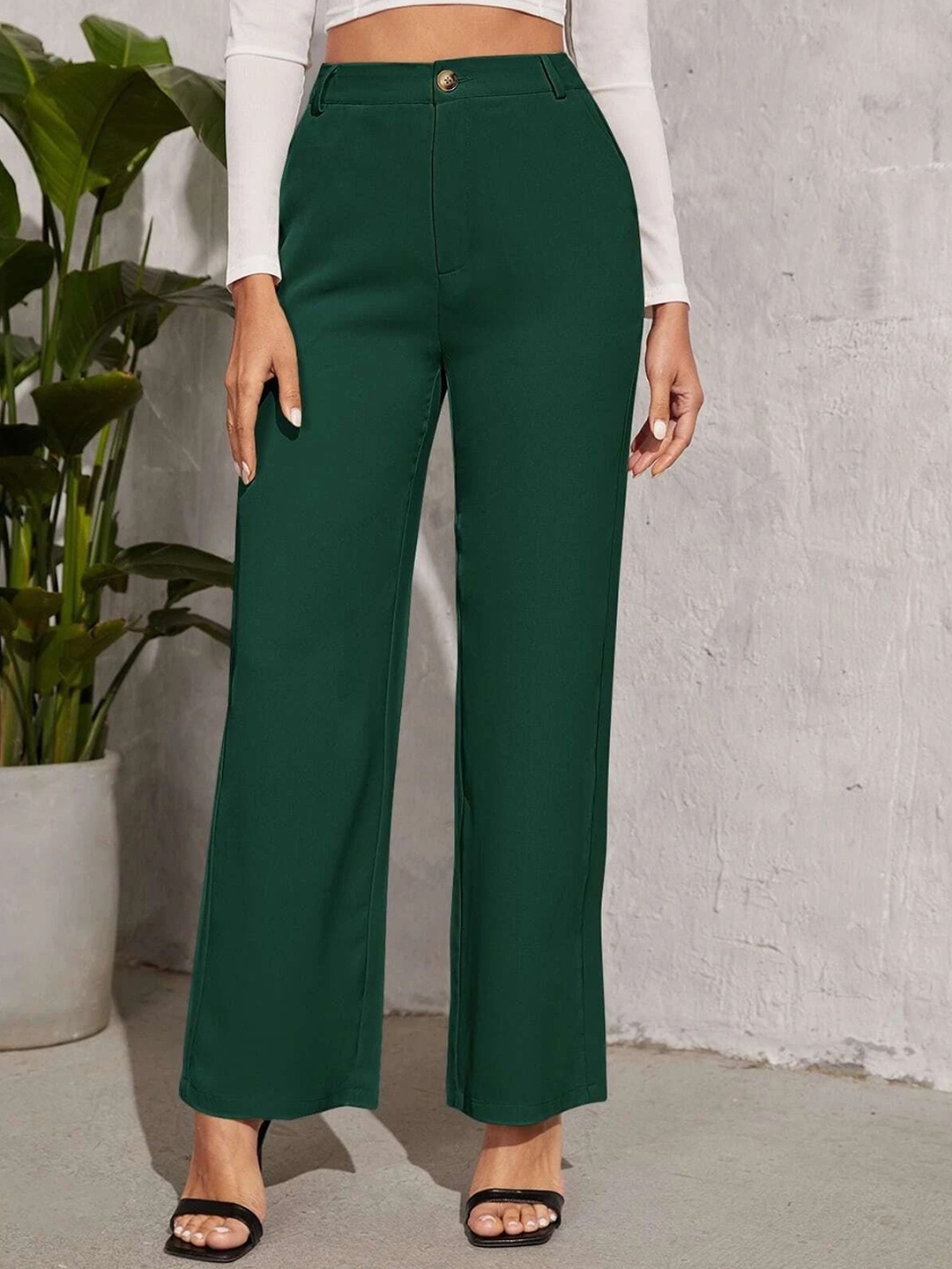 

FNOCKS Women Relaxed Straight Leg Straight Fit High-Rise Trousers, Green