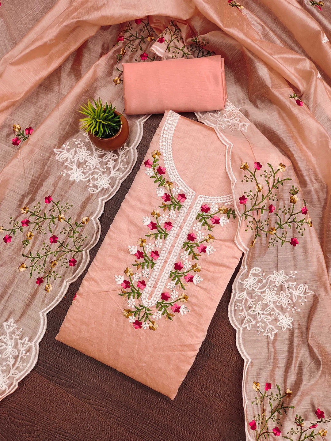 

HERE&NOW Floral Embellished Unstitched Dress Material, Peach