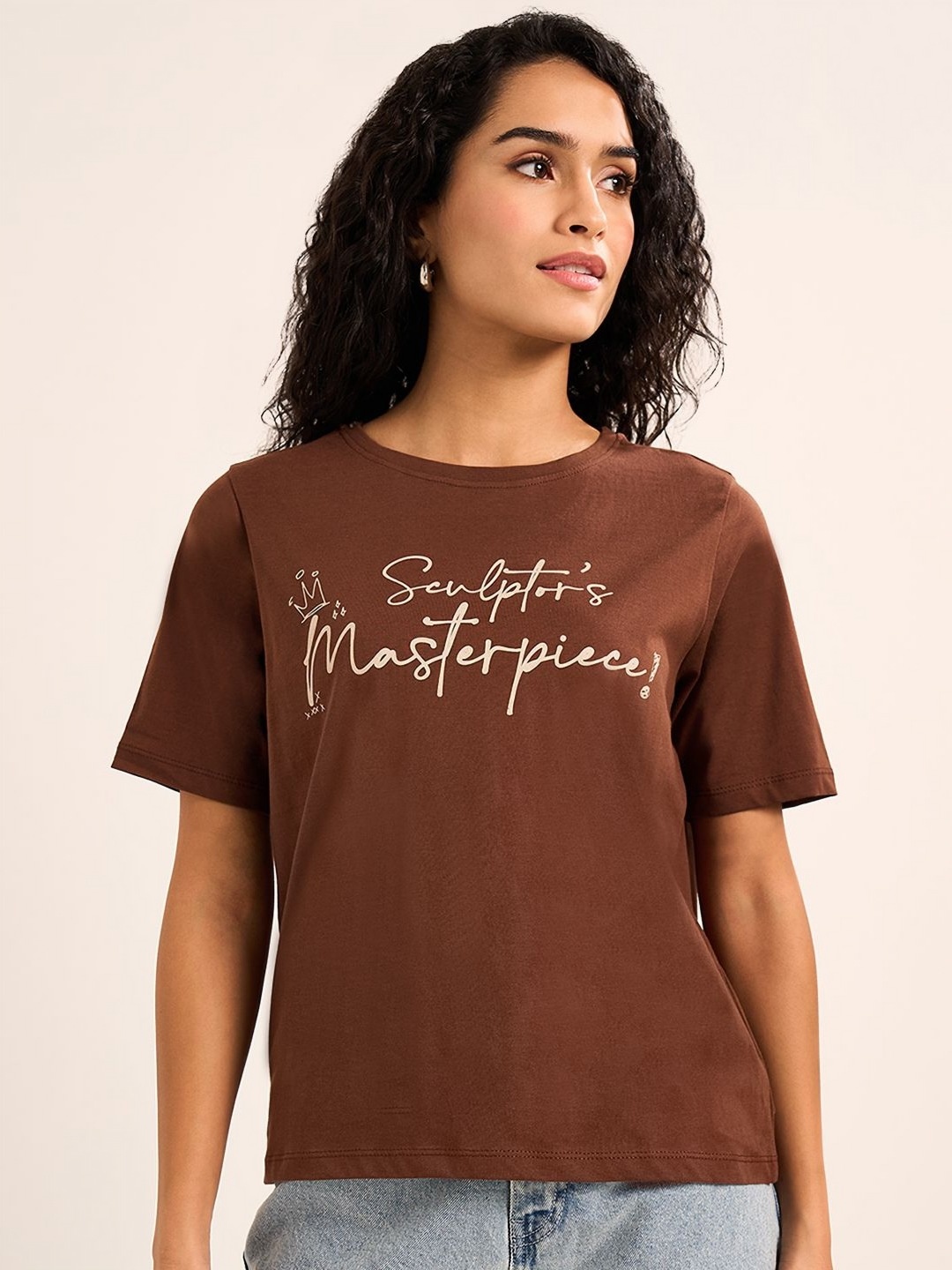 

People Women Typography Extended Sleeves Boxy T-shirt, Tan