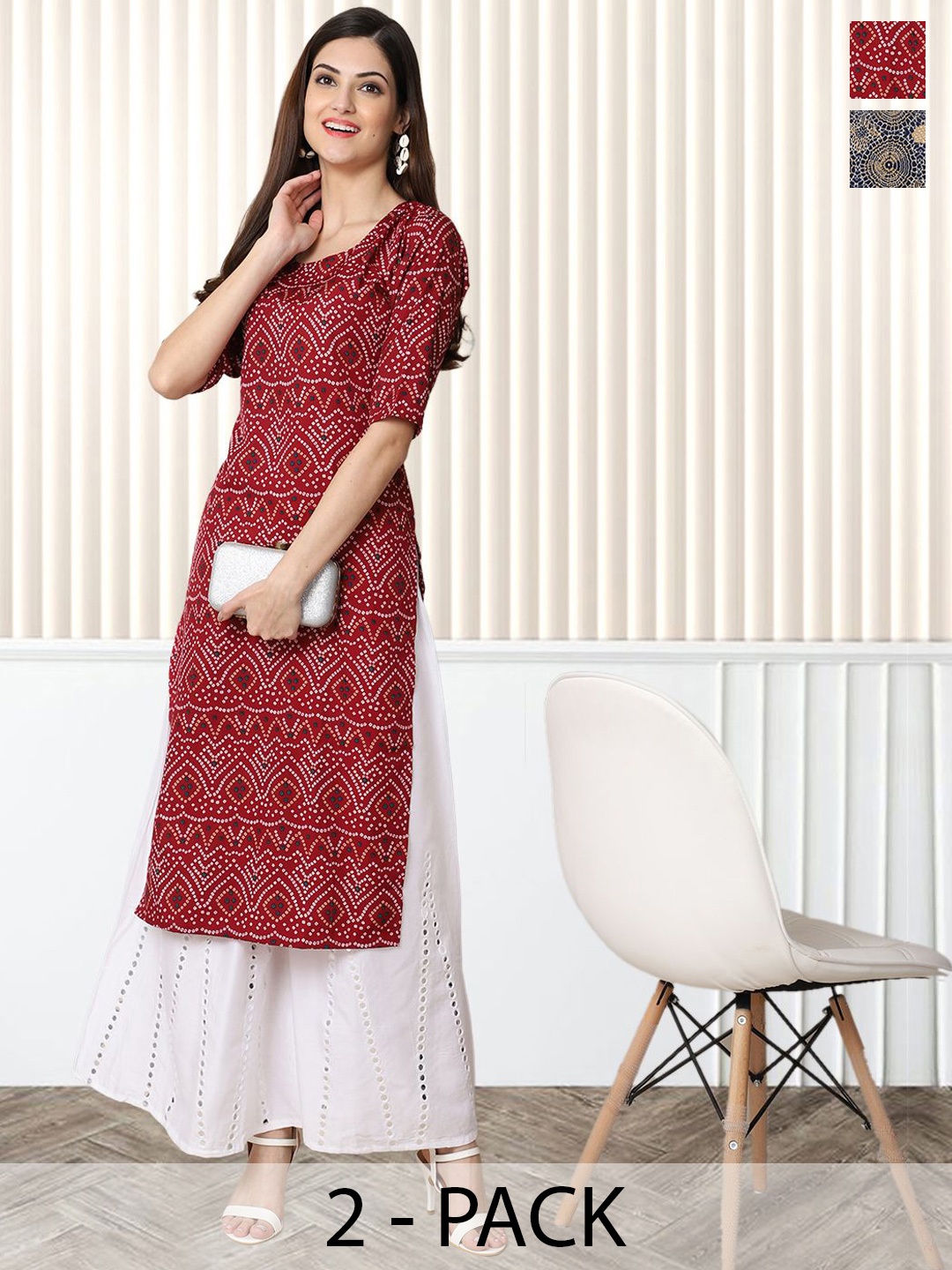 

Moda Rapido Pack of 2 Printed Round Neck Straight Kurtas, Red