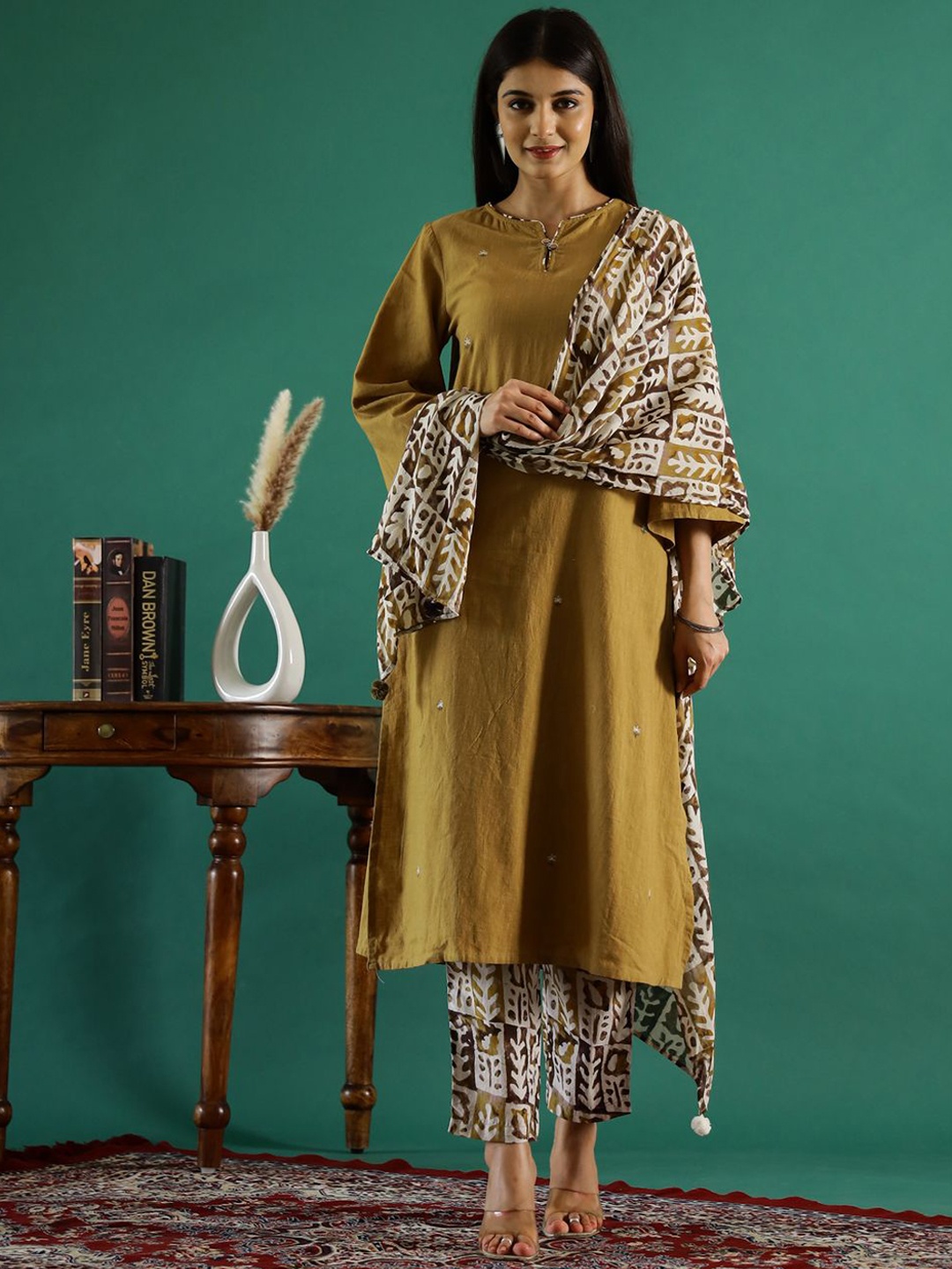 

Sangria Mustard Embroidered Pure Cotton Notch Neck Straight Kurta With Trousers & Dupatta