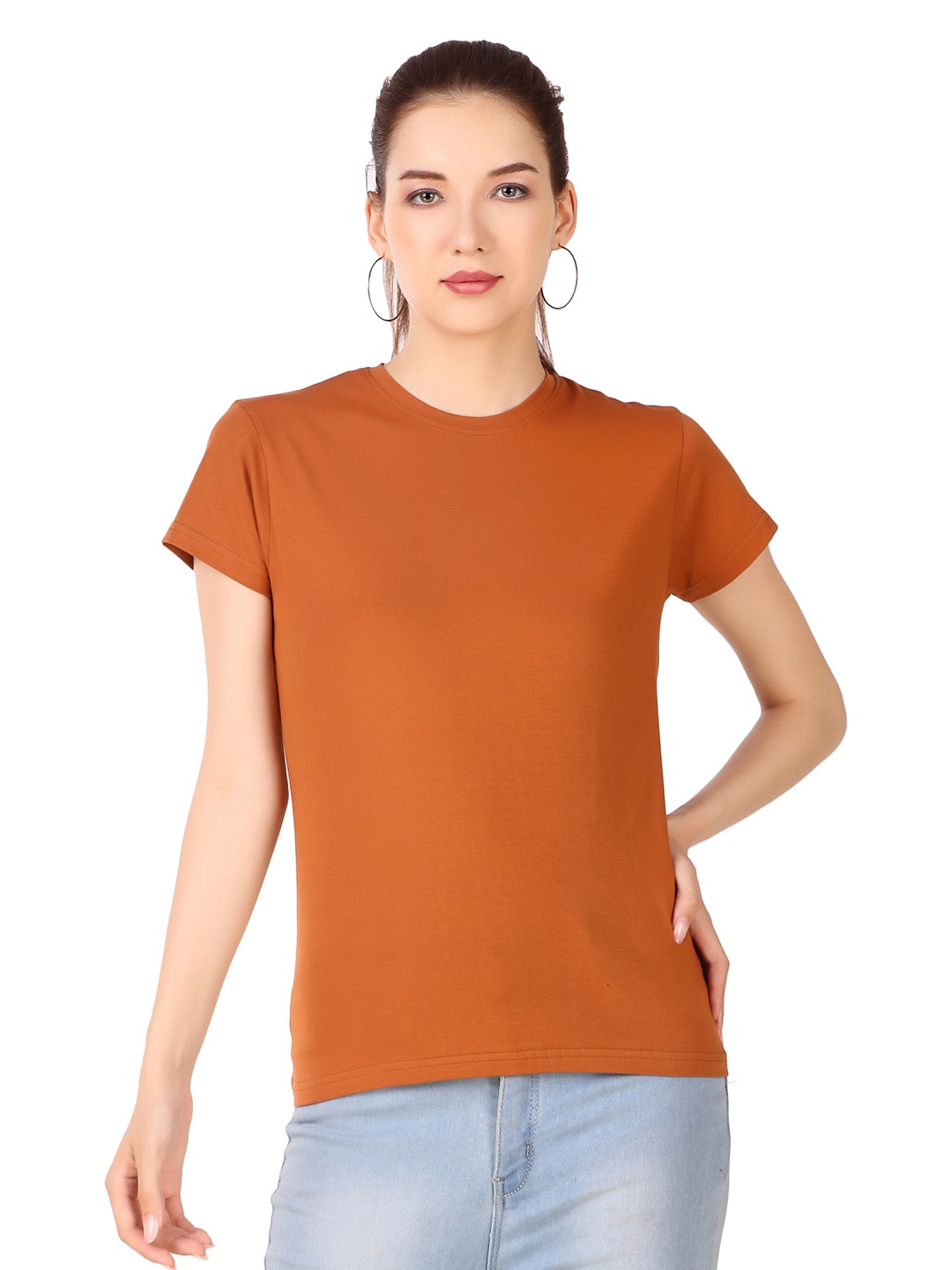 

STYLESO Women Solid Round Neck Cotton T-shirt, Orange
