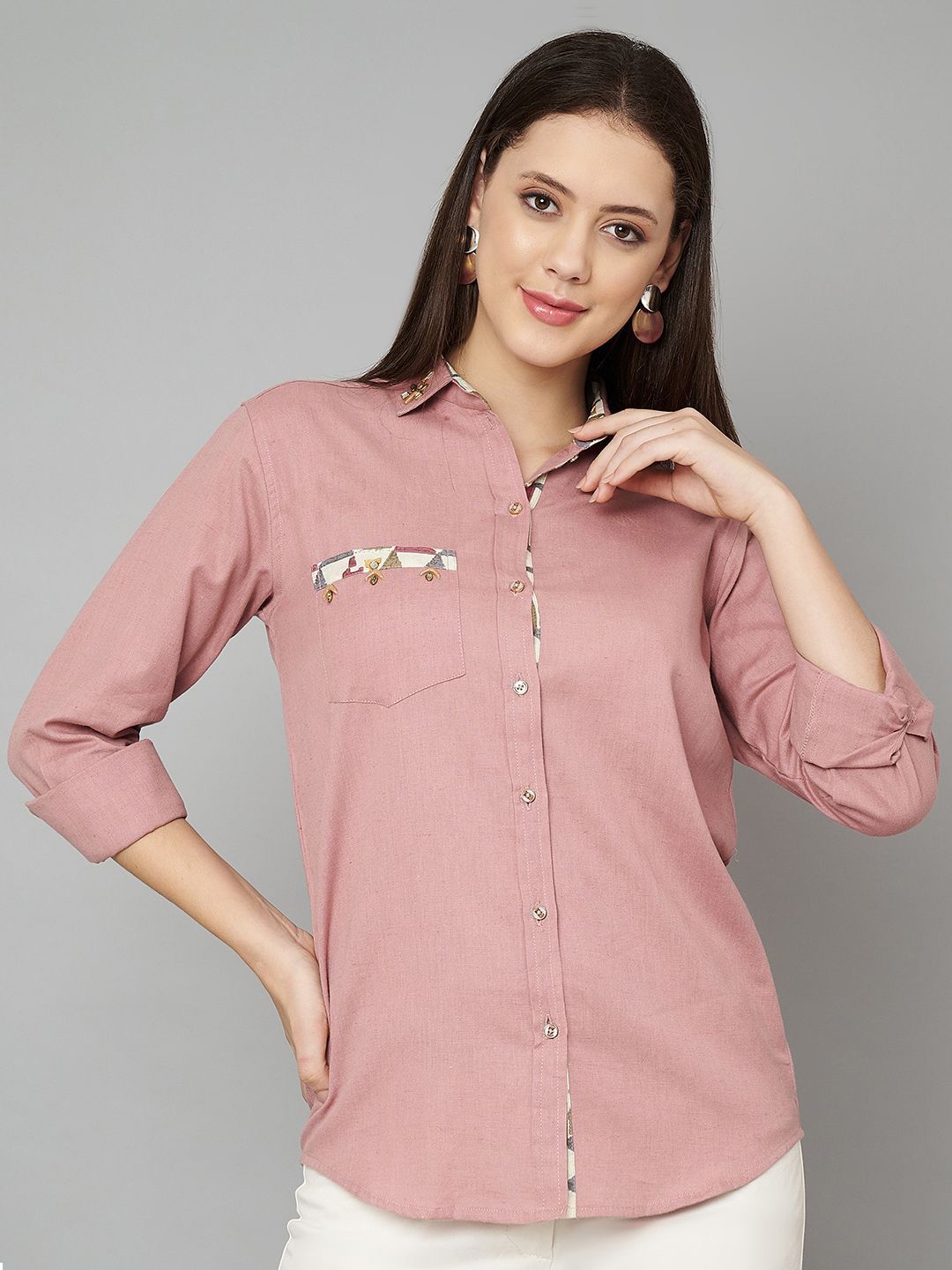 

JAPER KURTI Women Comfort Fit Spread Collar Solid Cotton Formal Shirt, Coral