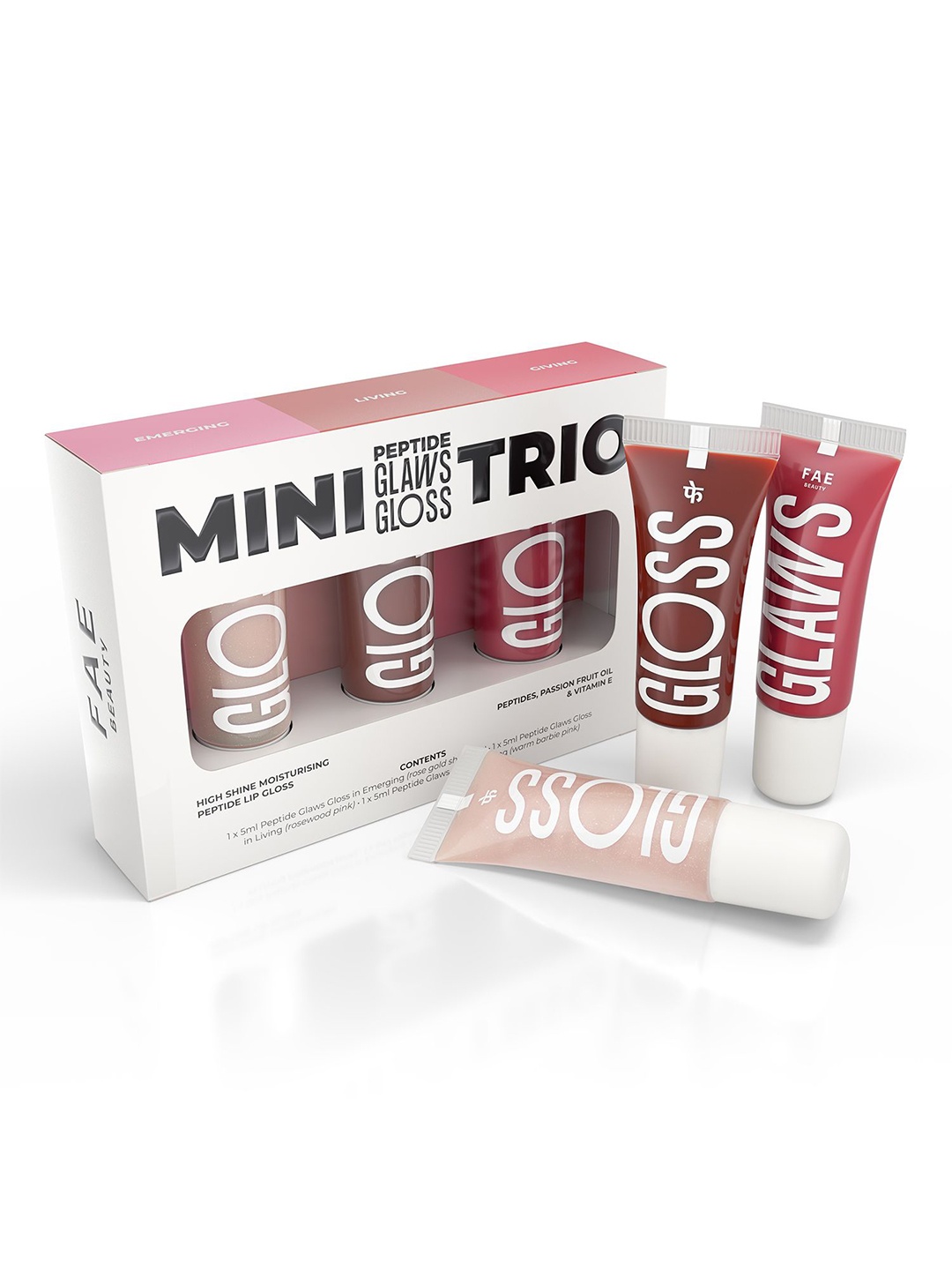 

FAE BEAUTY Set Of 3 Mini Peptide Non Sticky Lip Gloss Trio - 5 ml -Emerging-Living-Giving, Nude