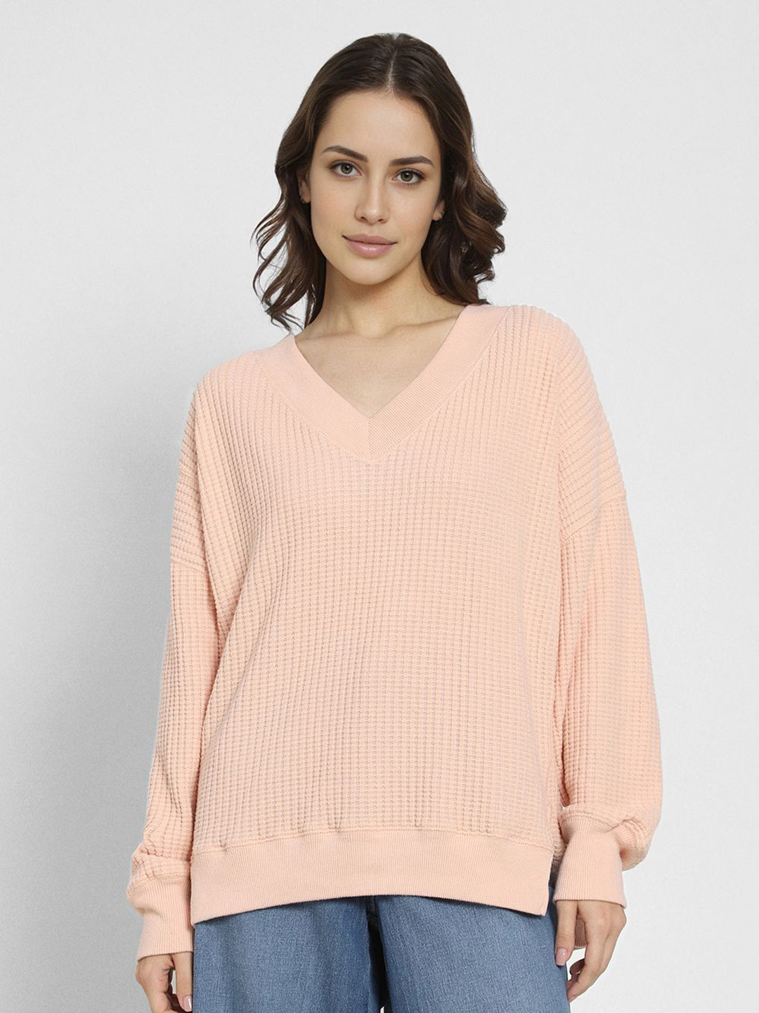 

AMERICAN EAGLE OUTFITTERS Women Self Design Sweatshirt, Peach