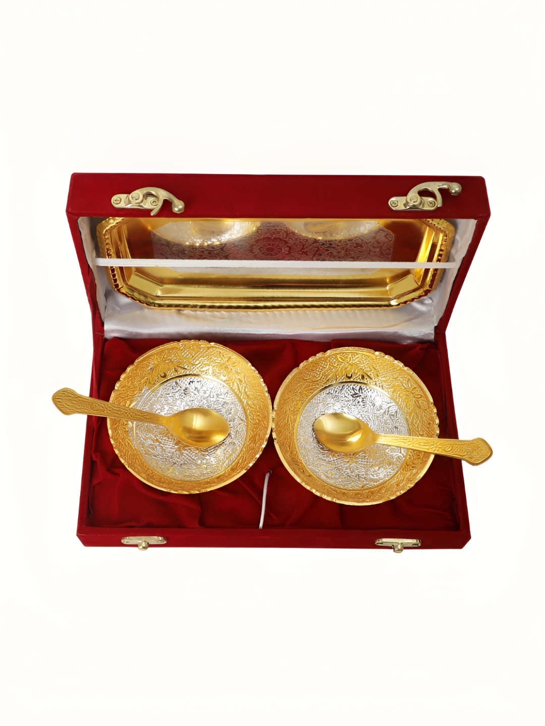 

INTERNATIONAL GIFT Gold-Toned 5 PCS Textured Bowl Set With Tray & Spoons With Velvet Box