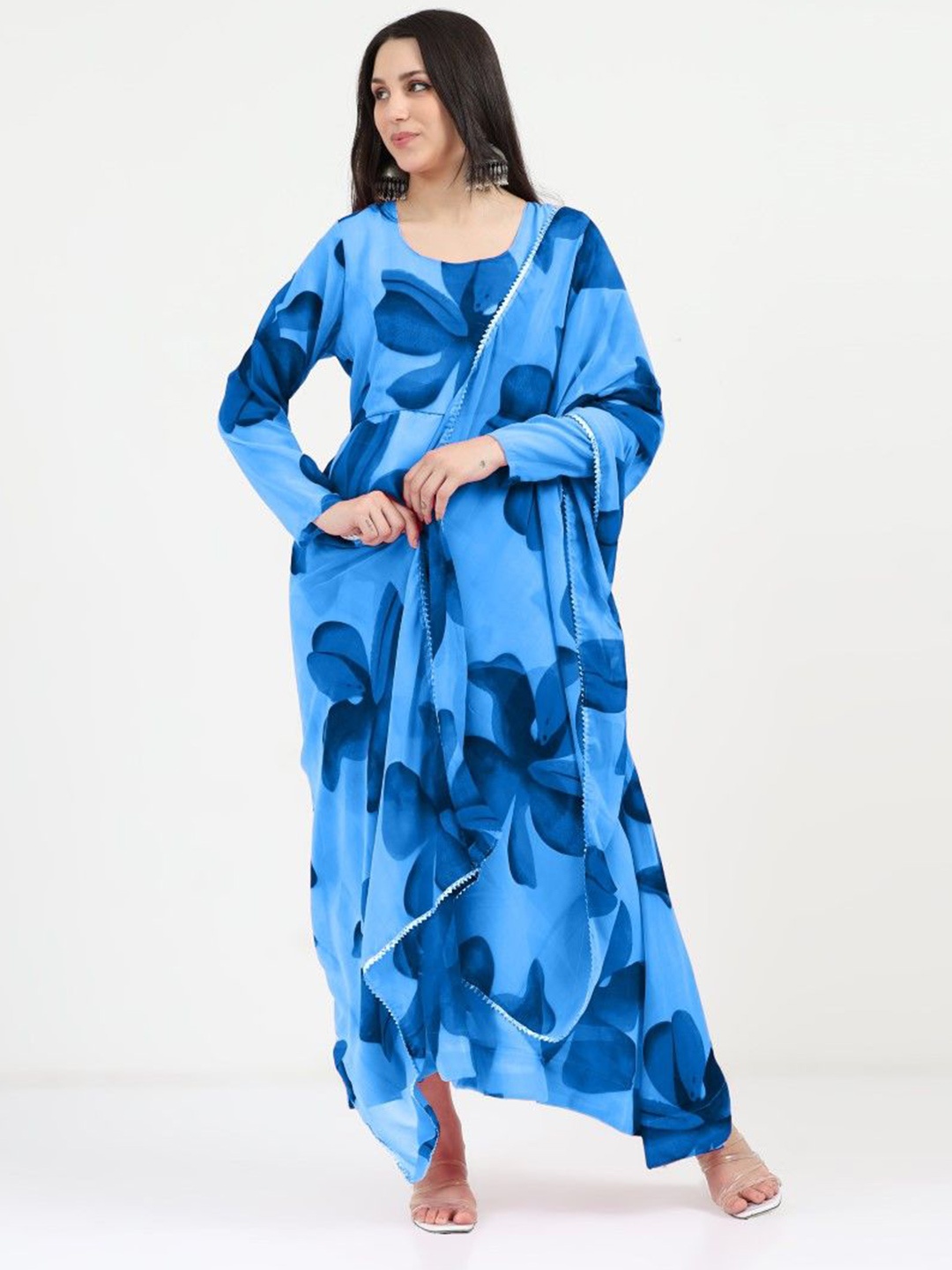 

Femvy Women Floral Printed Maxi Dress With Dupatta, Blue