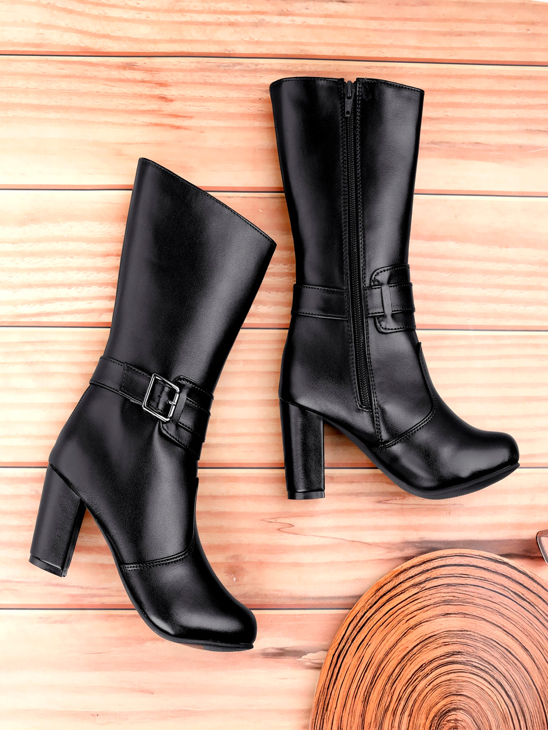 

Bxxy Women High-Ankle Zipper Boots with Buckle Closure, Black