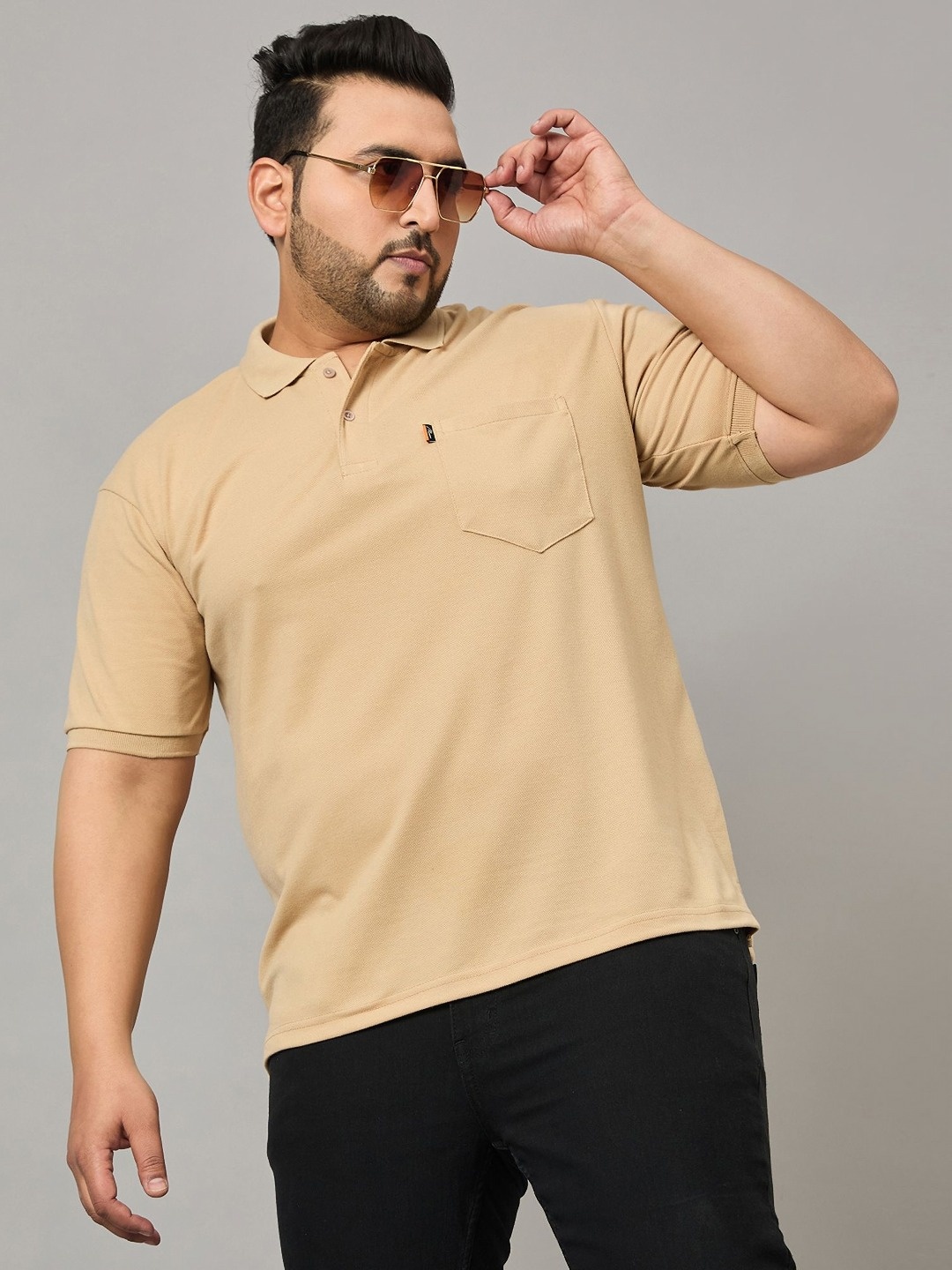 

NYKER Men Plus Size Solid Polo Collar Cotton T-shirt, Beige