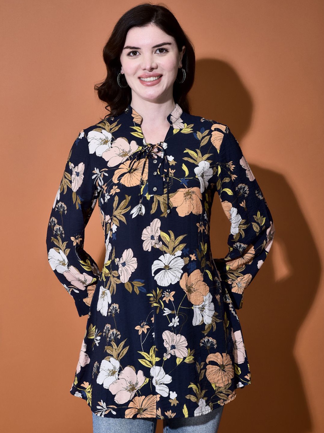 

FUTURO Women Floral Printed Mandarin Collar Cuffed Sleeve Top, Black