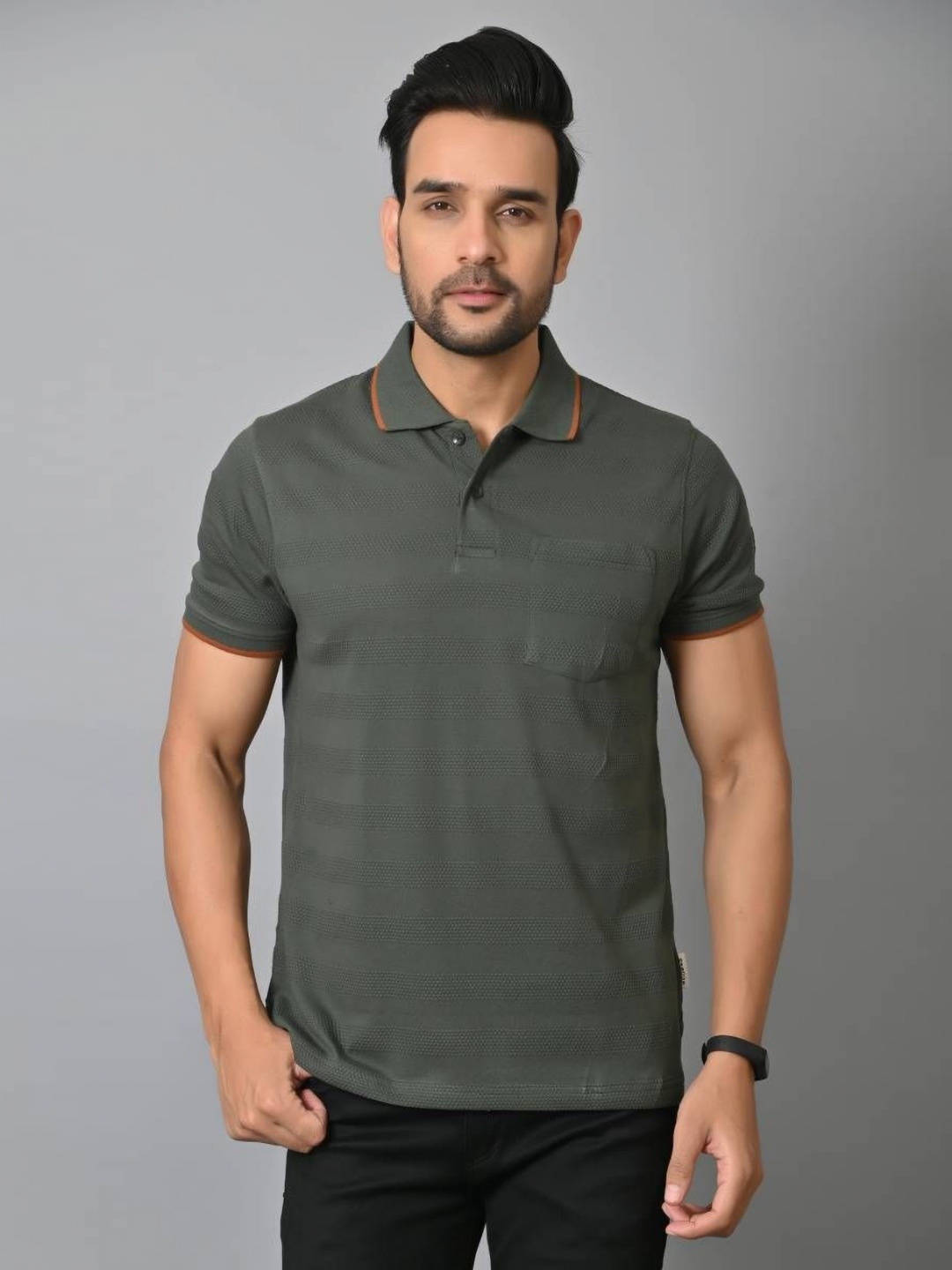 

ARBOUR Men Self Design Polo Collar Cotton Slim Fit T-shirt, Olive