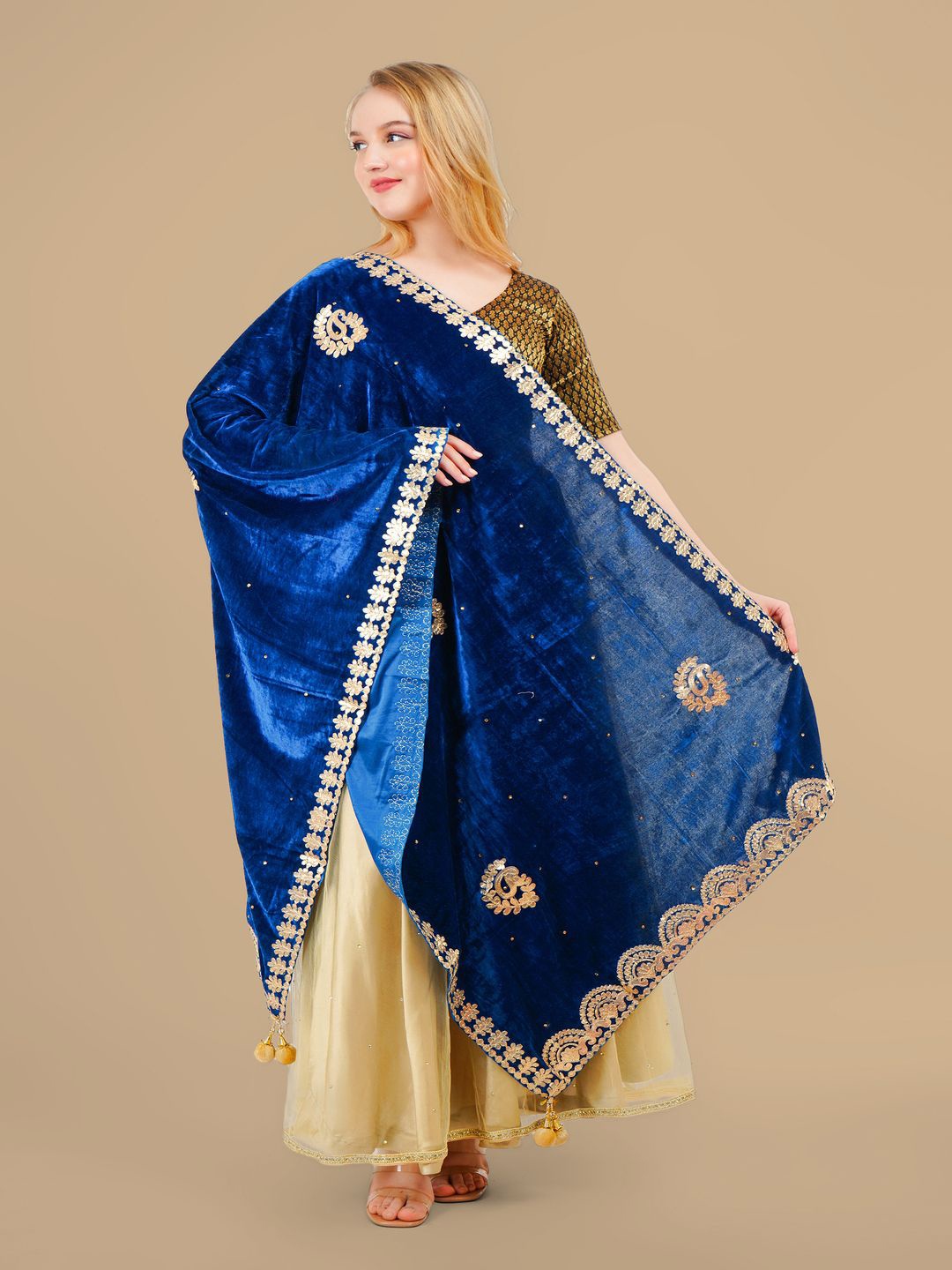 

Karthav Fashion Paisley Embroidered Velvet Dupatta With Gotta Patti, Blue