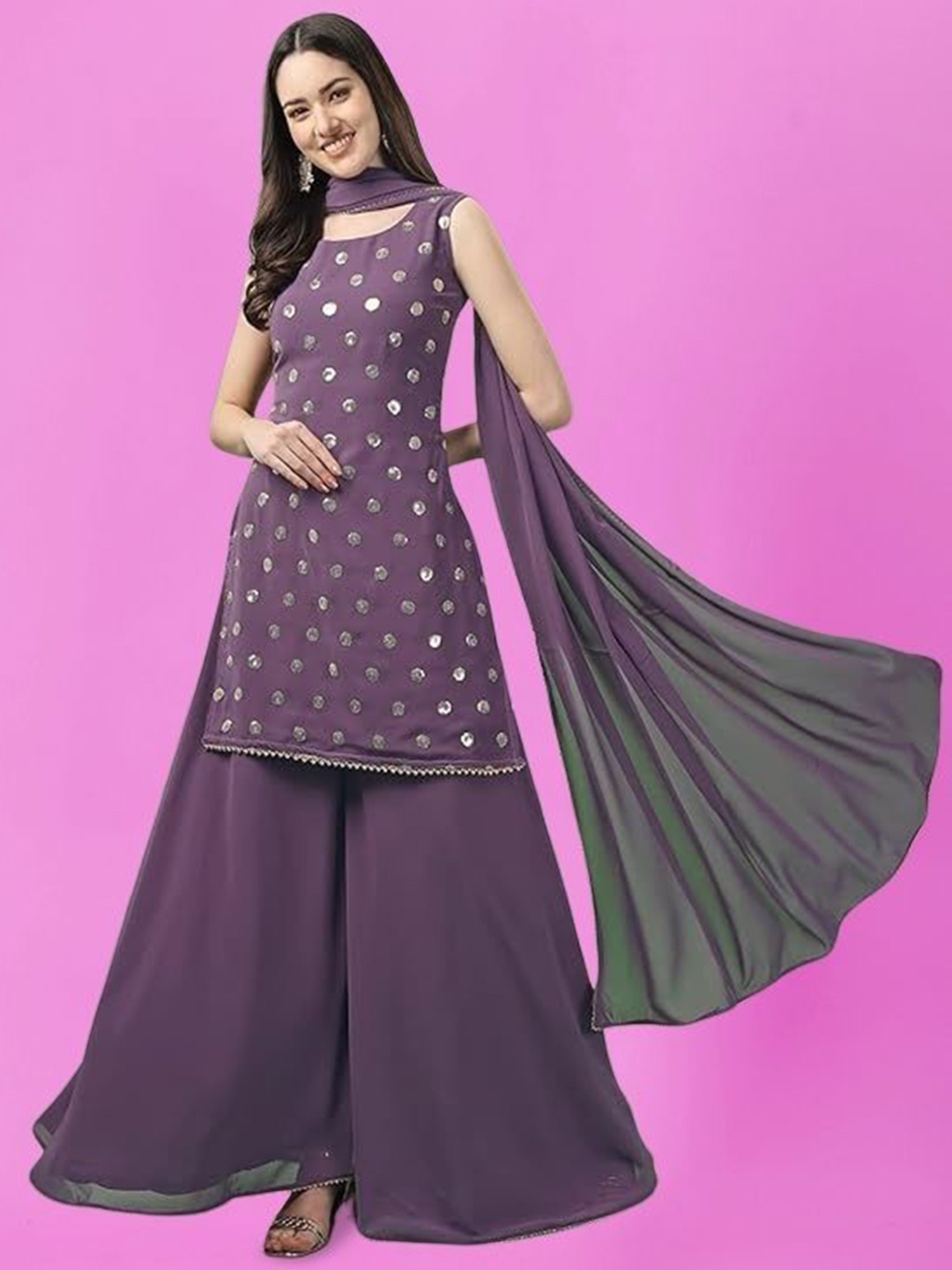 

PARROT CREATION Geometric Embroidered Georgette Straight Kurti With Sharara & Dupatta, Purple