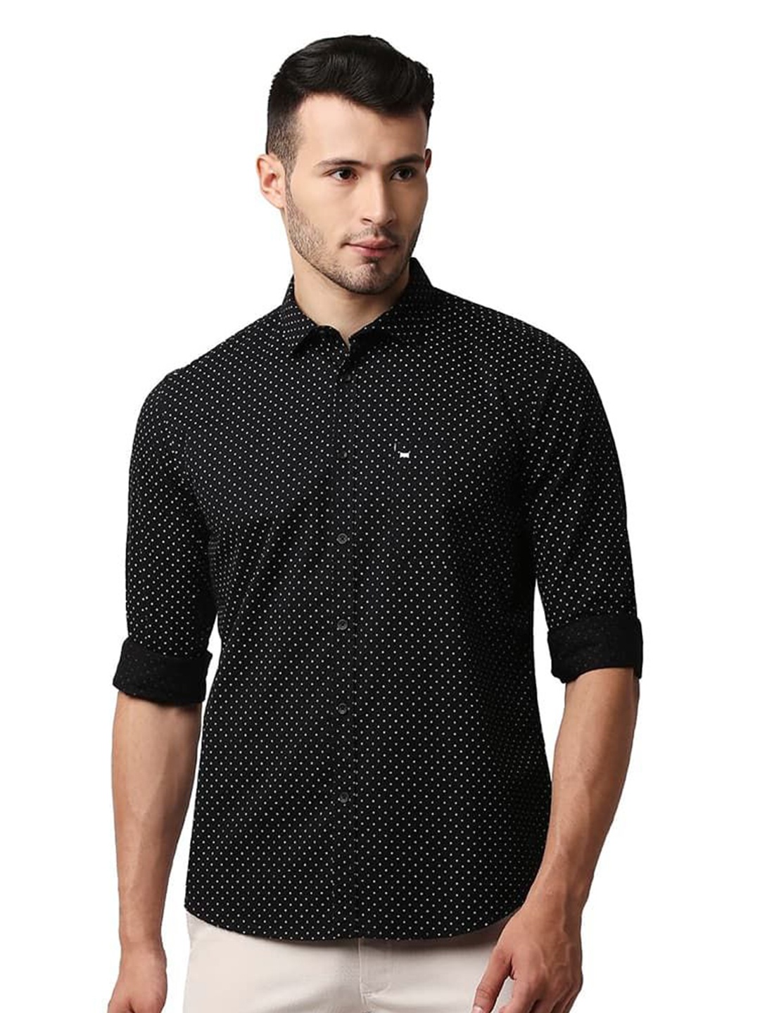 

Basics Men Relaxed Fit Spread Collar Geometric Printed Cotton Casual Shirt, Black