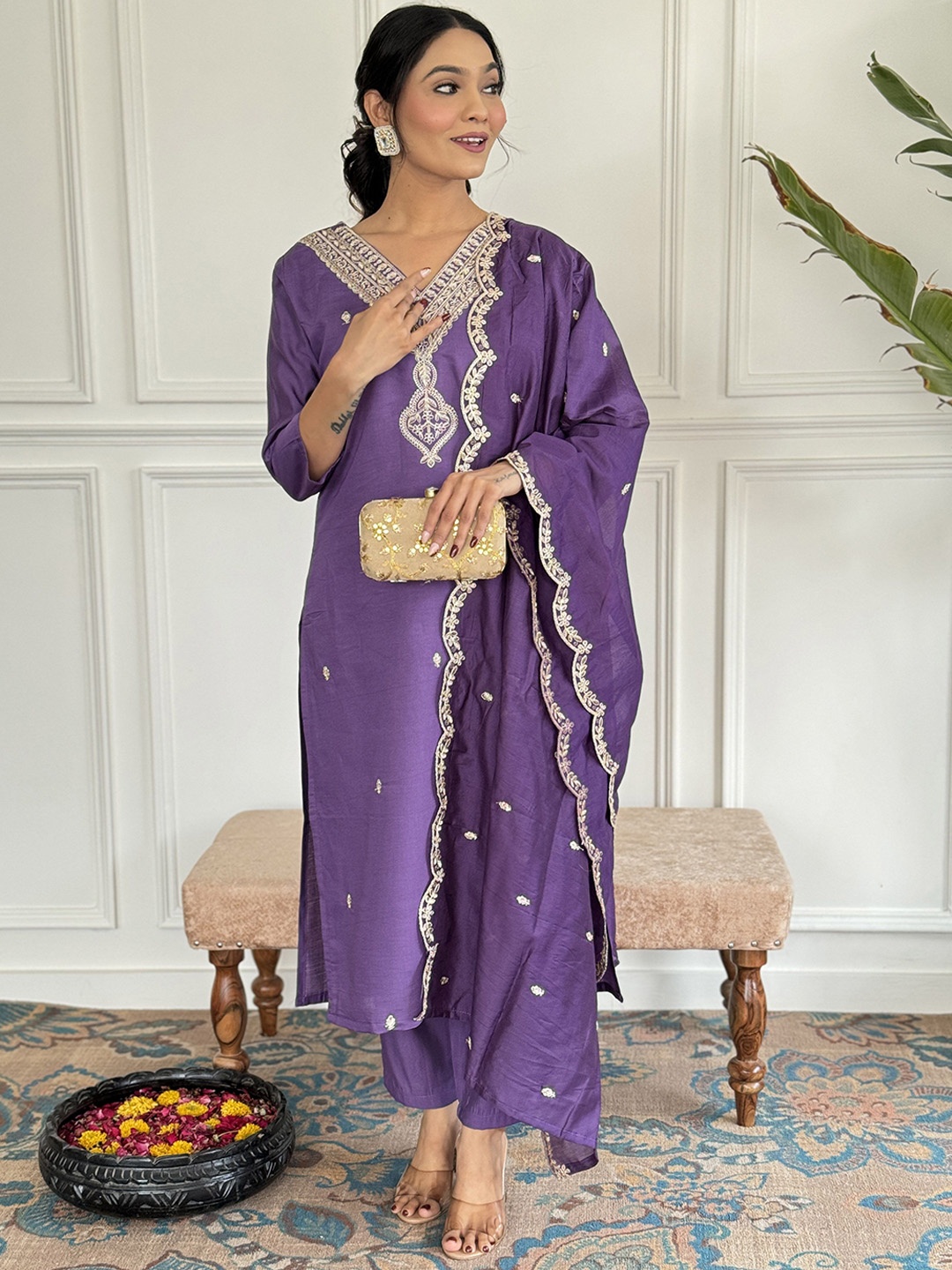 

Moda Rapido Floral Zari Embroidered V Neck Cotton Silk Kurta With Trousers And Dupatta, Lavender