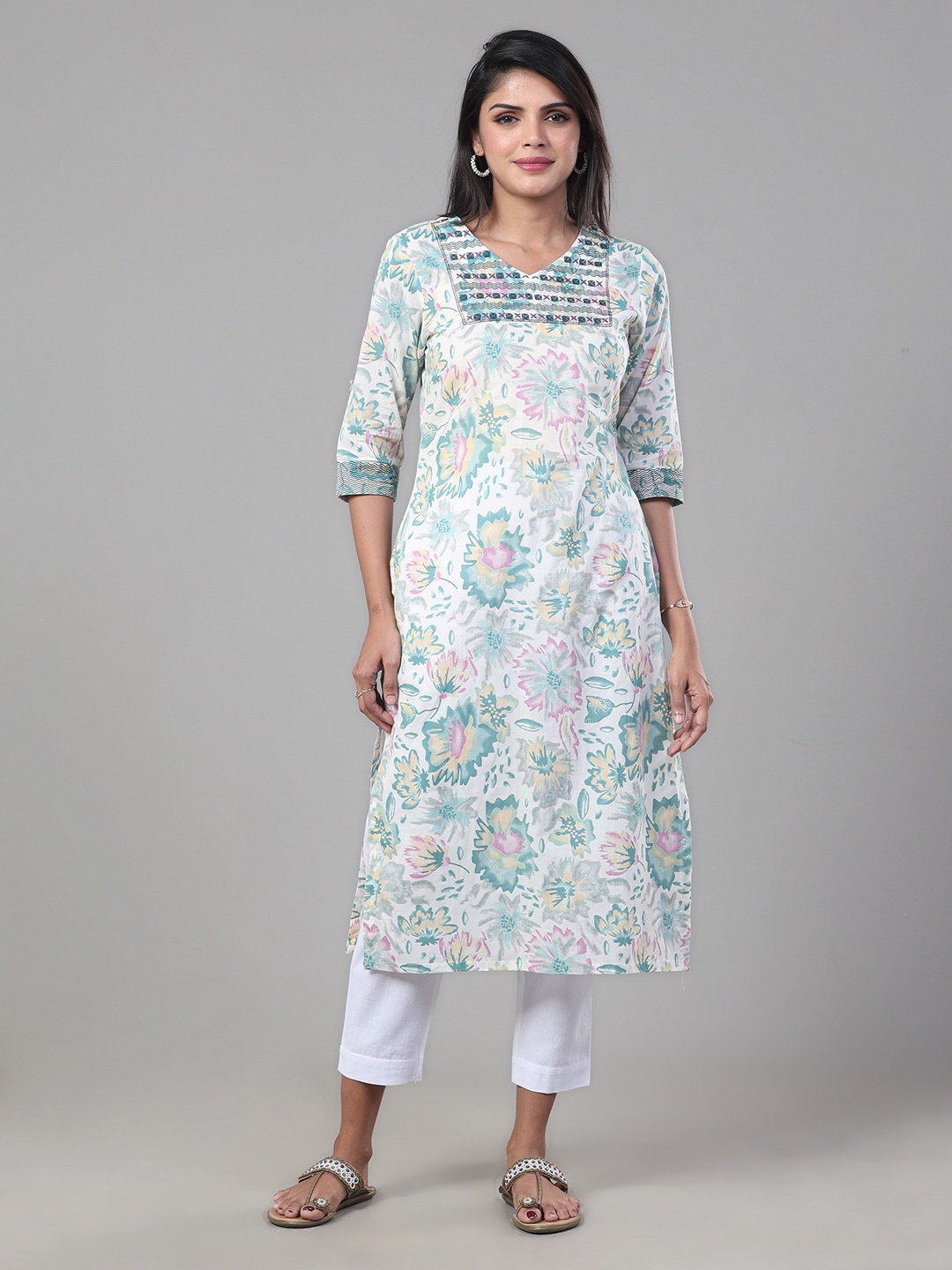 

Vismay Floral Printed V-Neck Cotton Straight Kurta, Blue