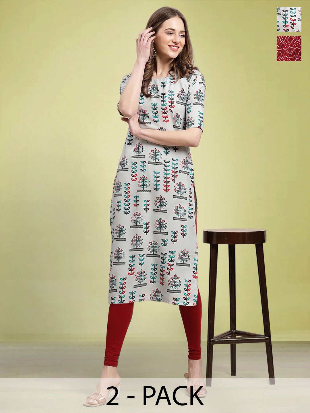 

Moda Rapido Pack of 2 Printed Round Neck Straight Kurtas, Grey