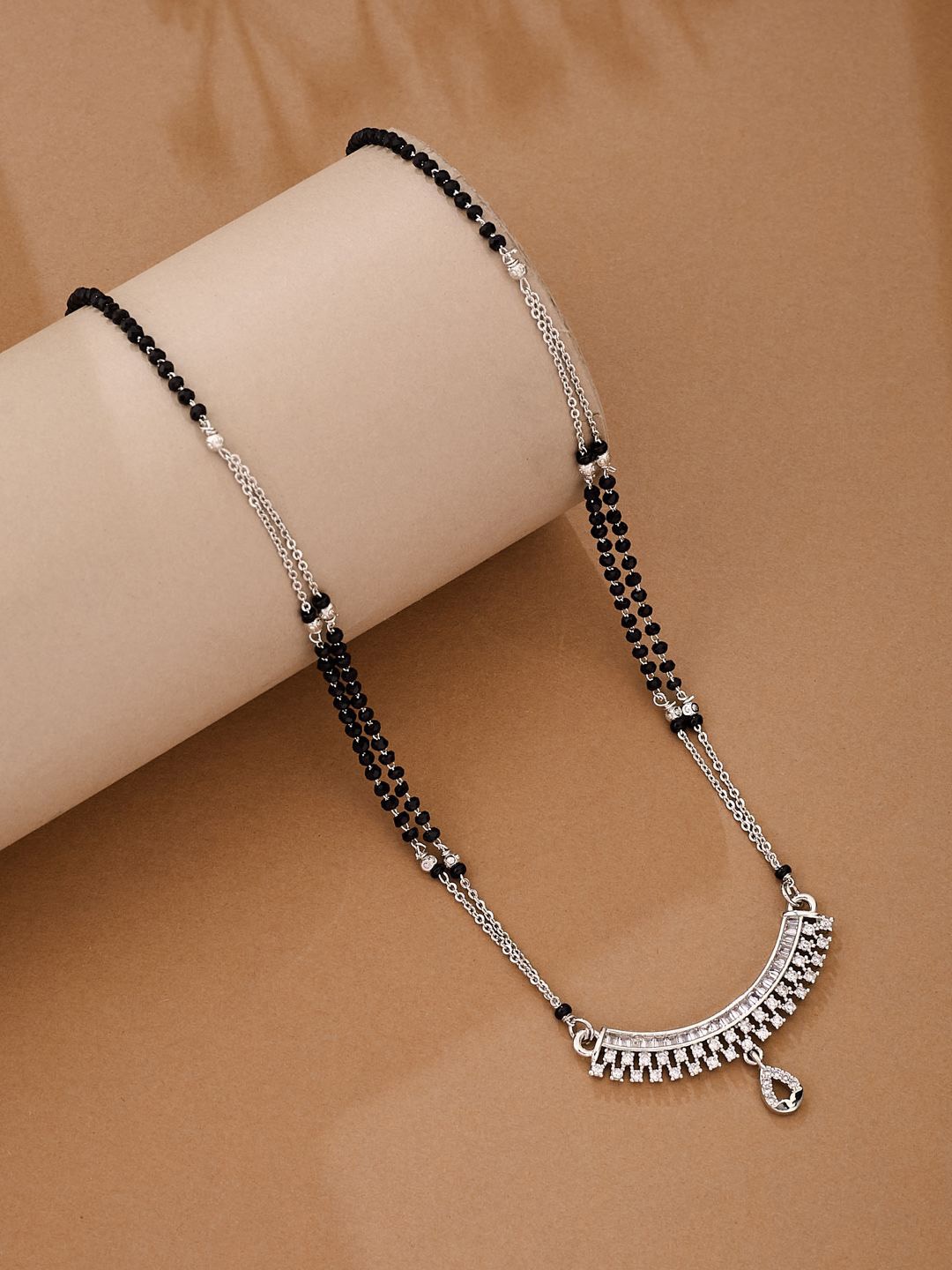 

ATIBELLE Silver-Plated Cubic Zirconia Studded And Beaded Mangalsutra