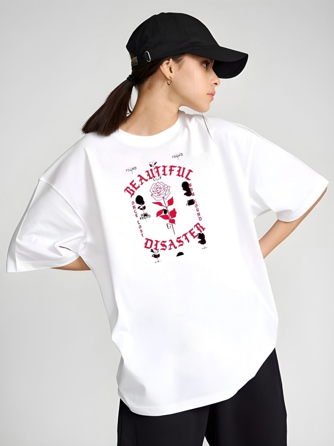 

DressBerry Women Graphic Printed Round Neck Cotton Oversized T-shirt, White