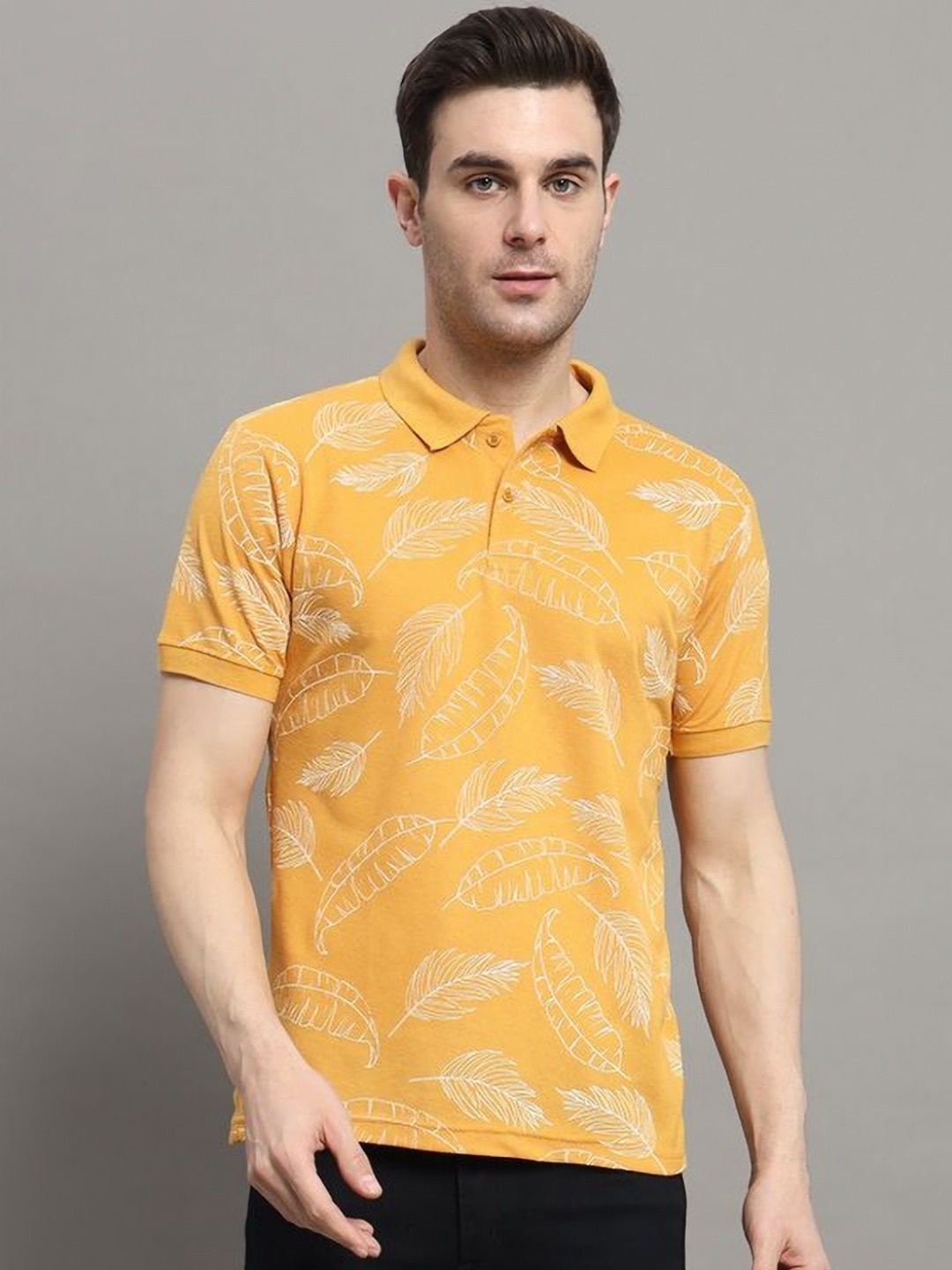 

NYKER Men Floral Printed Polo Collar Cotton T-shirt, Mustard