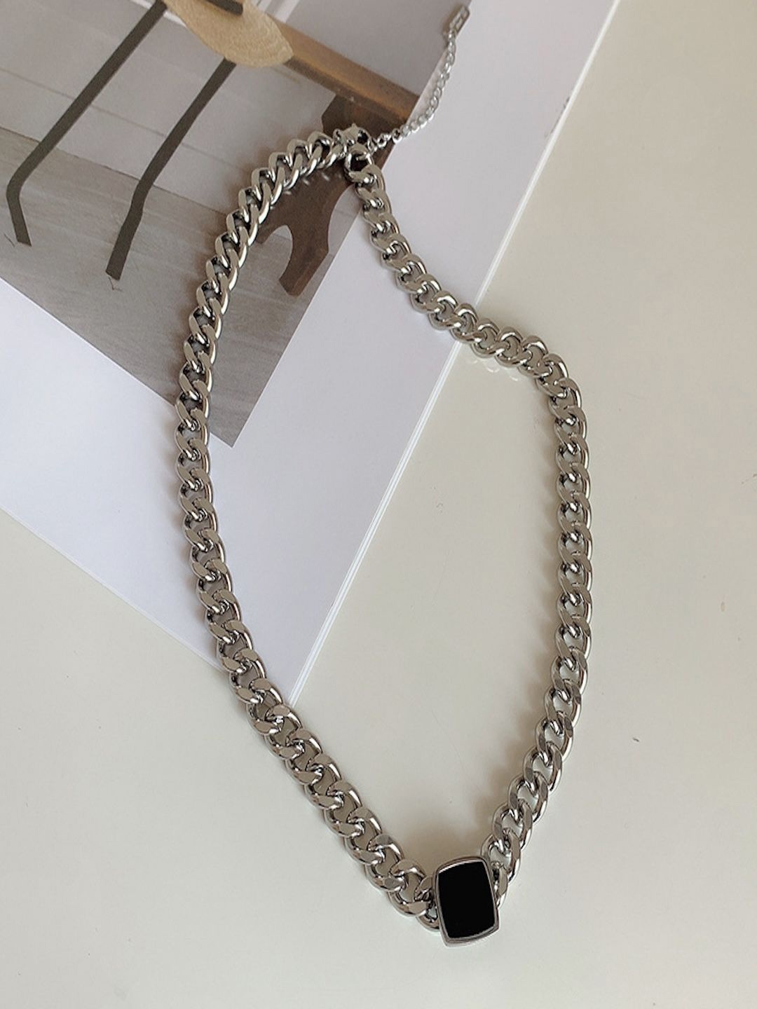 

AQUASTREET Men 18k Silver-Plated Waterproof Anti-Tarnish Black Onyx Chain Link Necklace
