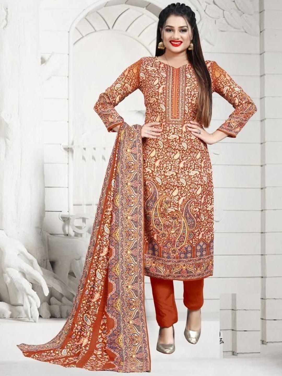 

REET MAHAL Ethnic Motifs Printed Pashmina Unstitched Dress Material, Orange