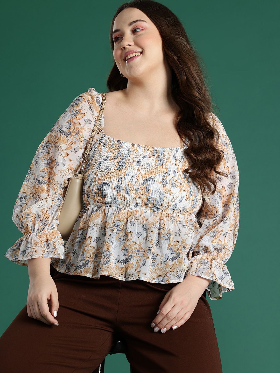 

DressBerry Floral Print Bell Sleeve Georgette Peplum Top, Mustard