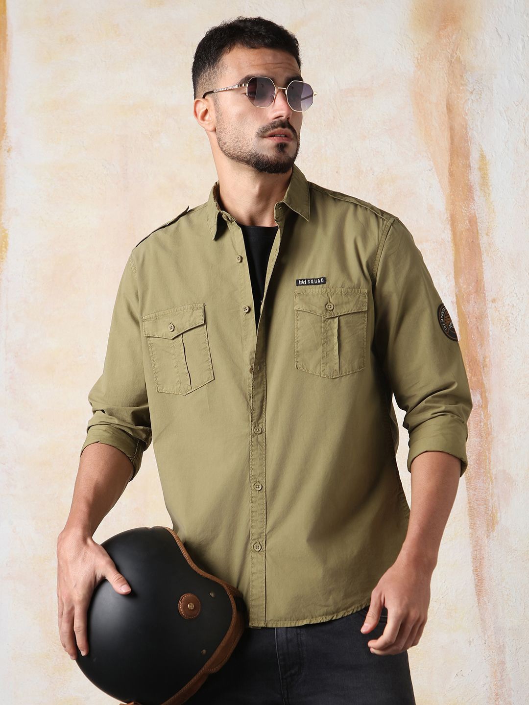 

High Star Men Regular Fit Utility Heavy Washed Spread Collar Solid Cotton Casual Shirt, Green