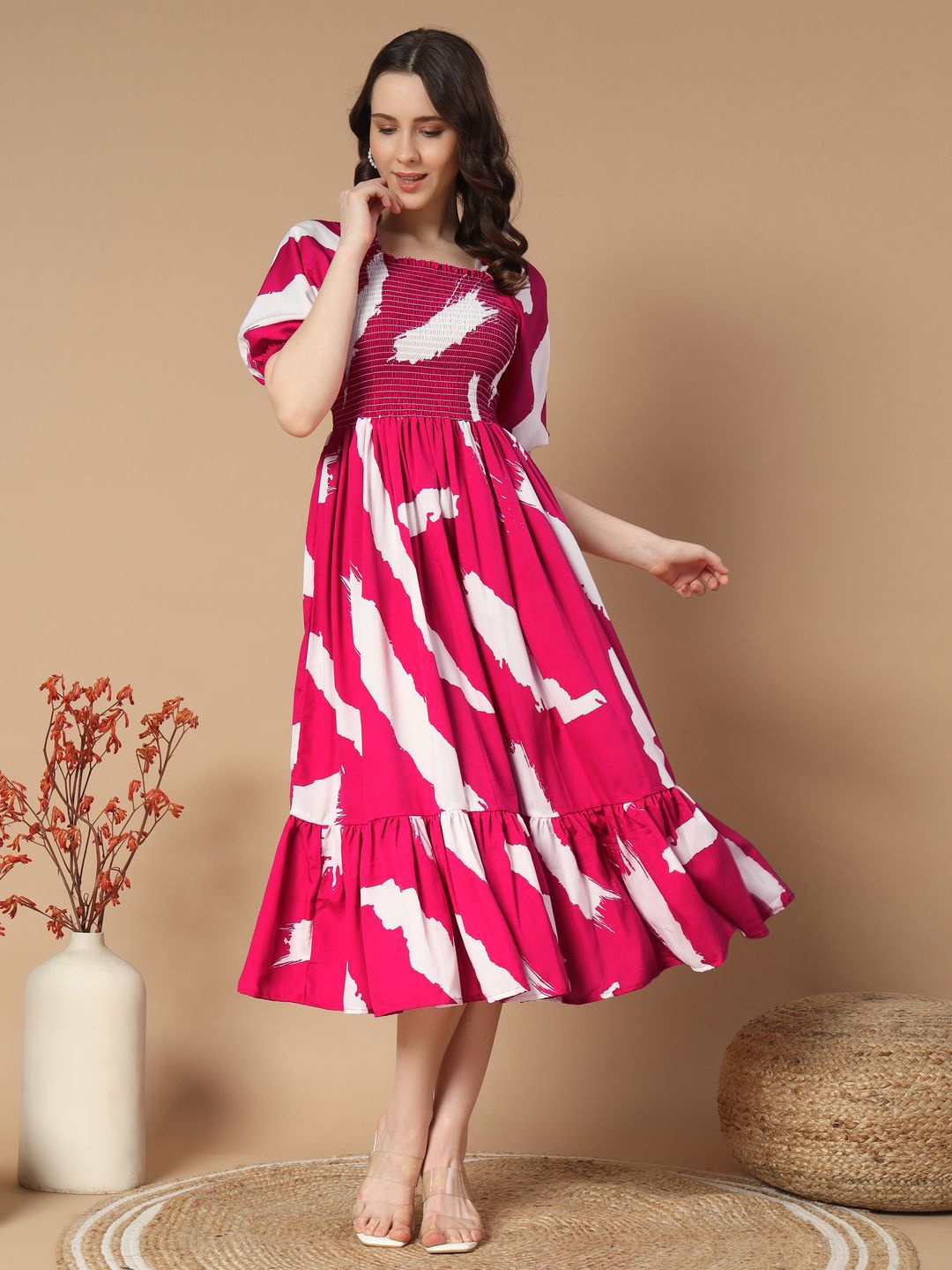 

ZWERLON Women Printed Square Neck Puff Sleeve Fit and Flare Midi Dress, Pink