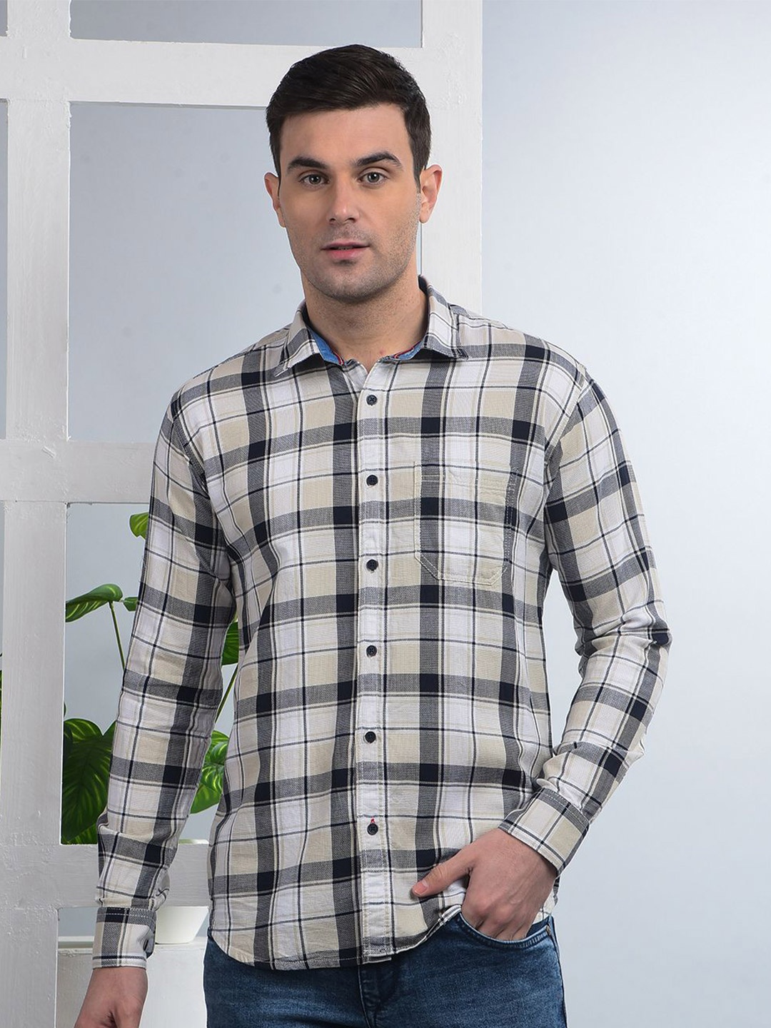 

COBB Men Spread Collar Tartan Checked Cotton Casual Shirt, White