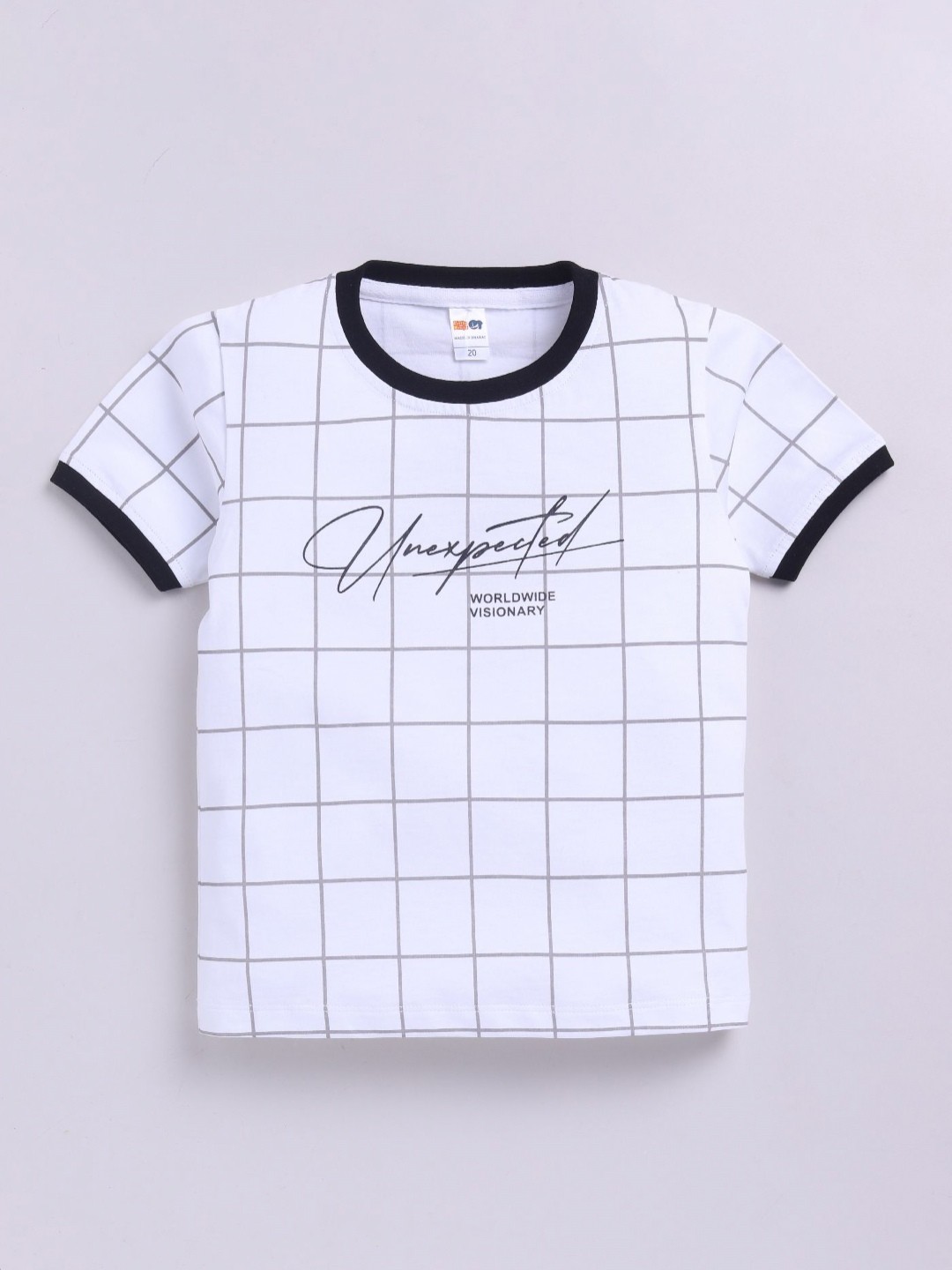 

LITTLE NINJA Boys Checked Round Neck Cotton T-shirt, White