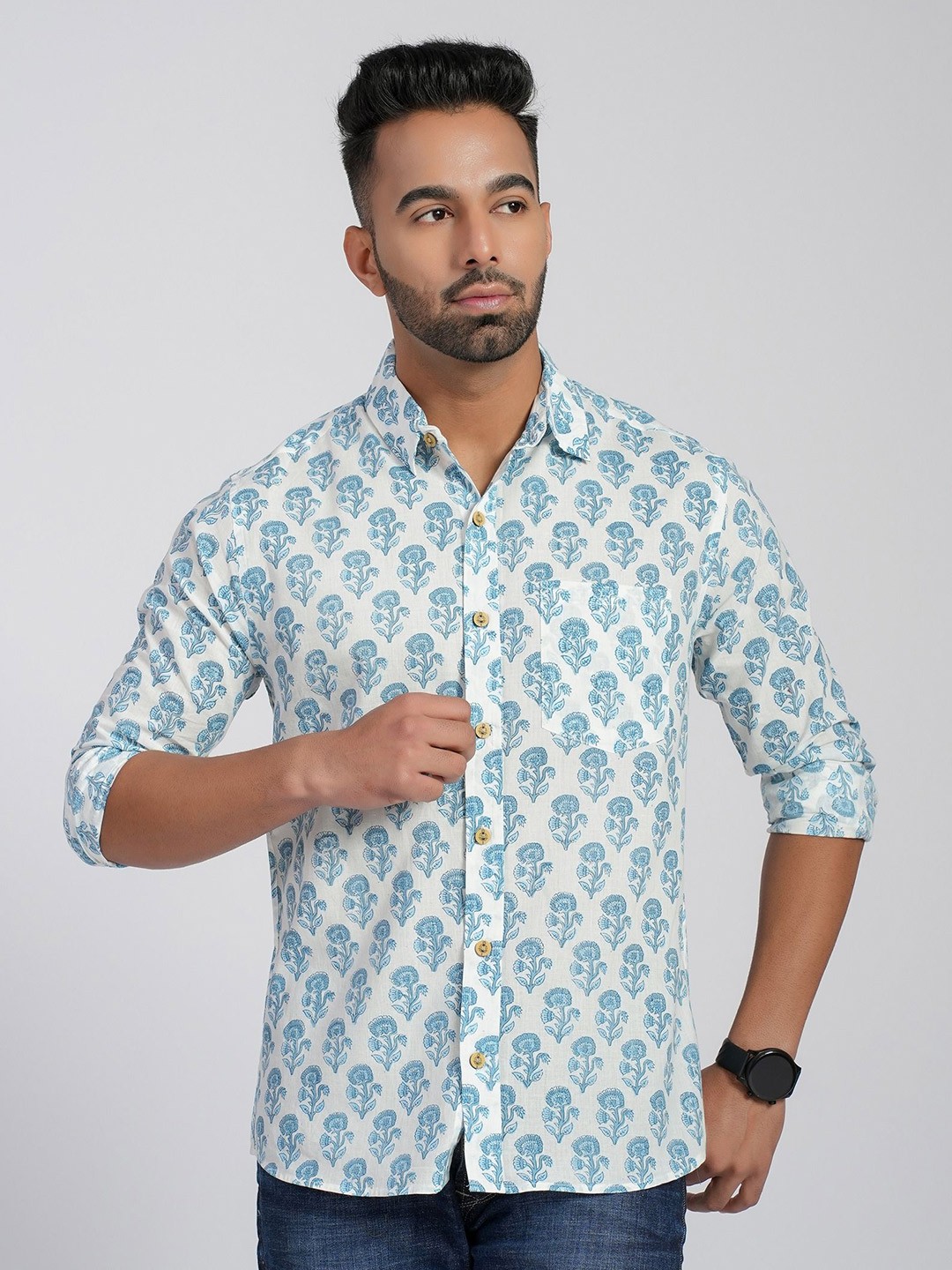 

Cotton Curio Men Comfort Fit Spread Collar Floral Printed Cotton Casual Shirt, Blue