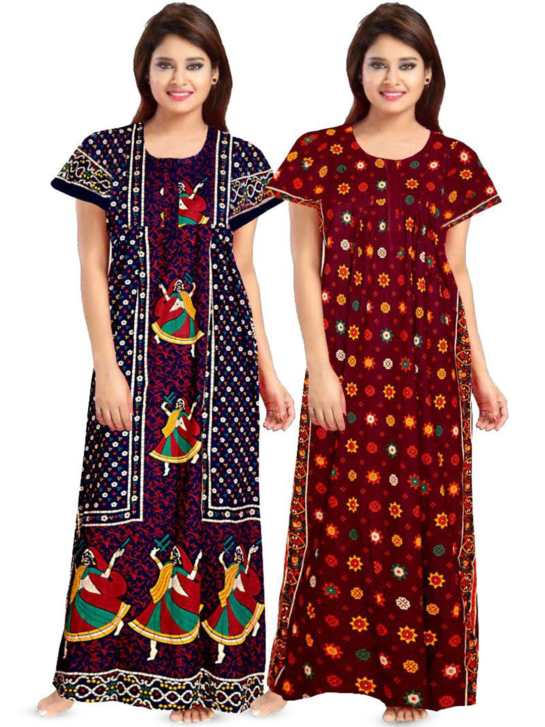 

PR PINK ROYAL Women Pack of 2 Pure Cotton Maxi Nightdress, Maroon