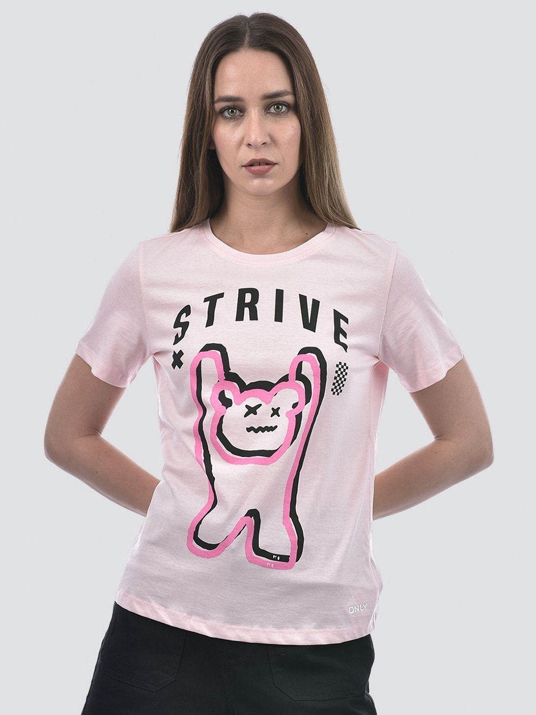 

ONLY Women Graphic Printed Round Neck Cotton T-shirt, Pink