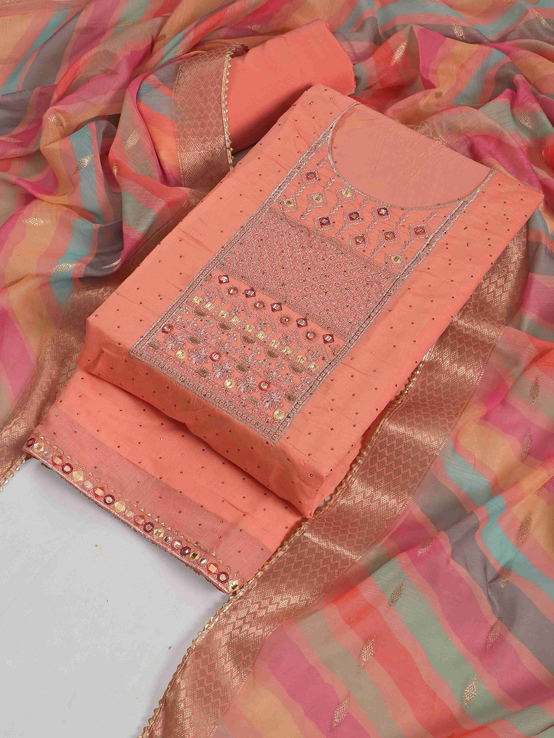 

Riti Floral Embroidered Mirror Work Unstitched Dress Material, Peach