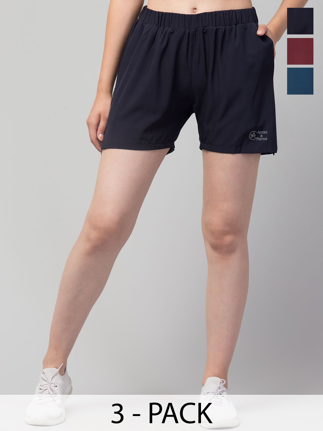 

UllasPemium Women Pack Of 3 Solid Running Sports Shorts, Navy blue