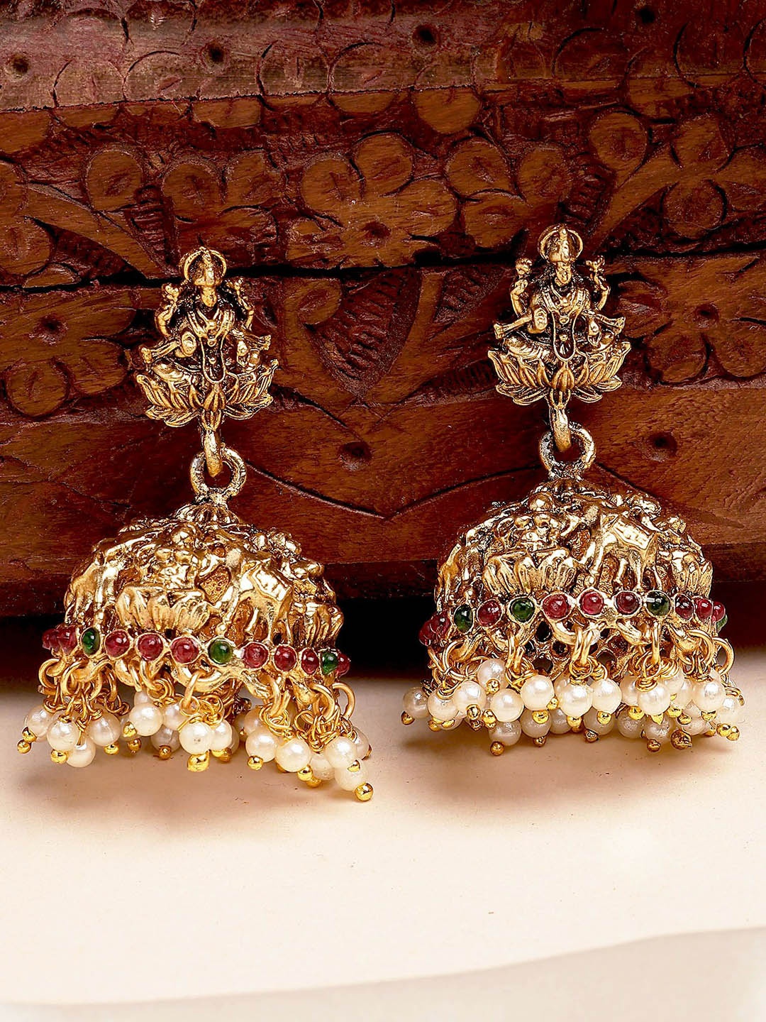 

KARATCART Gold Plated Artificial Stones Dome Shaped Temple Jhumkas