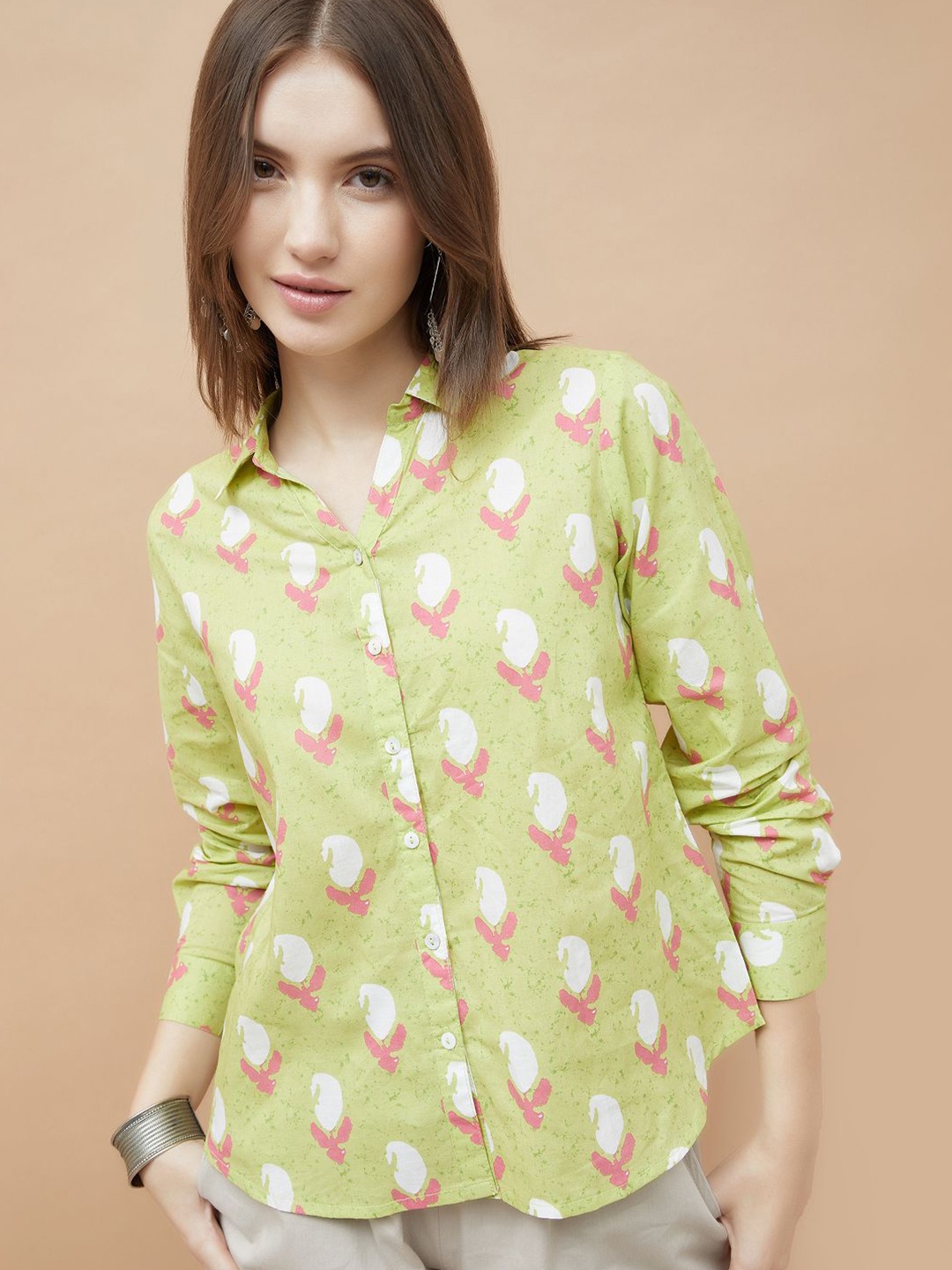 

Colour Me by Melange Women Spread Collar Floral Printed Cotton Casual Shirt, Green