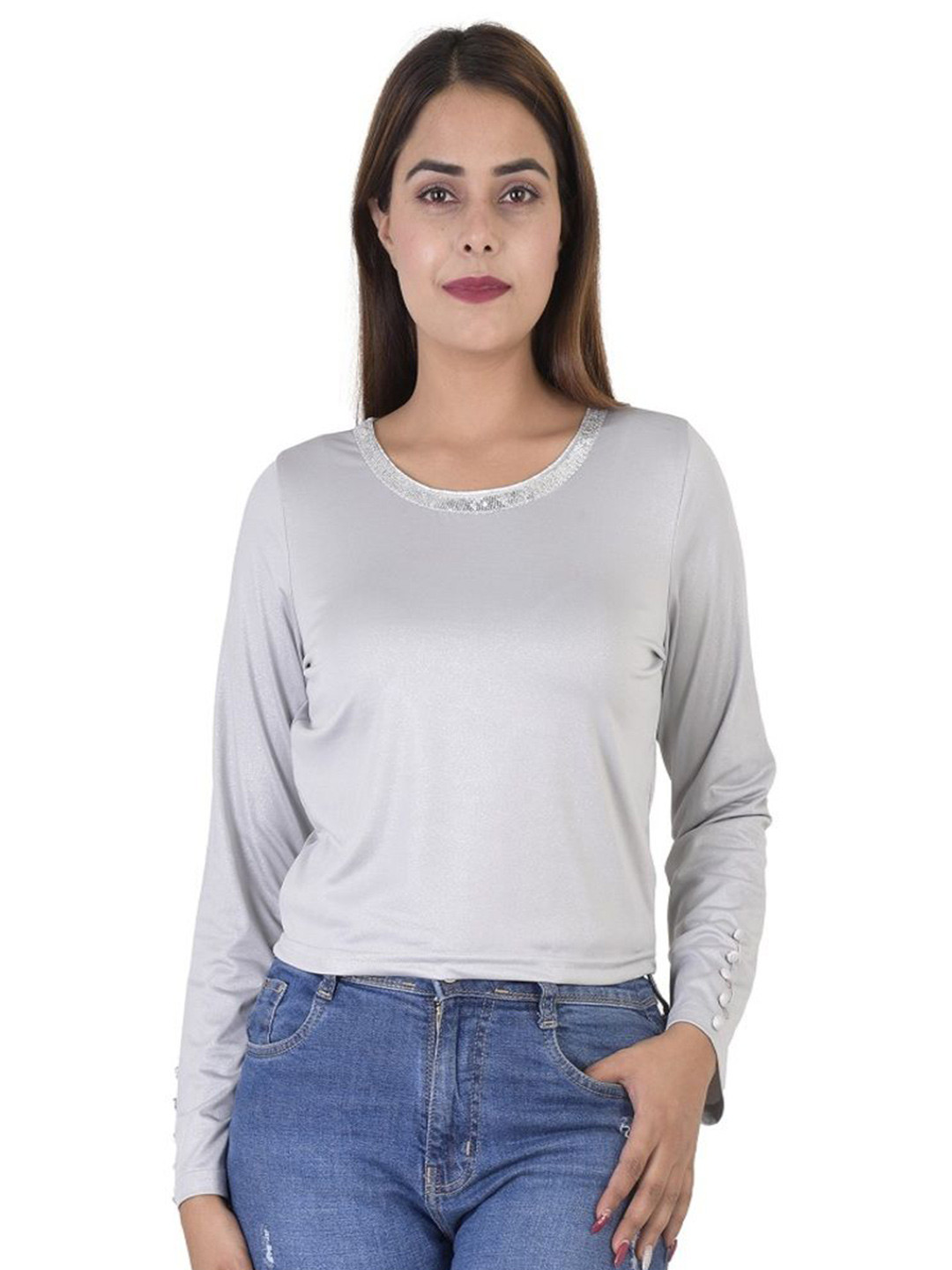 

KHUSHIBA Women Solid Round Neck Top, Grey
