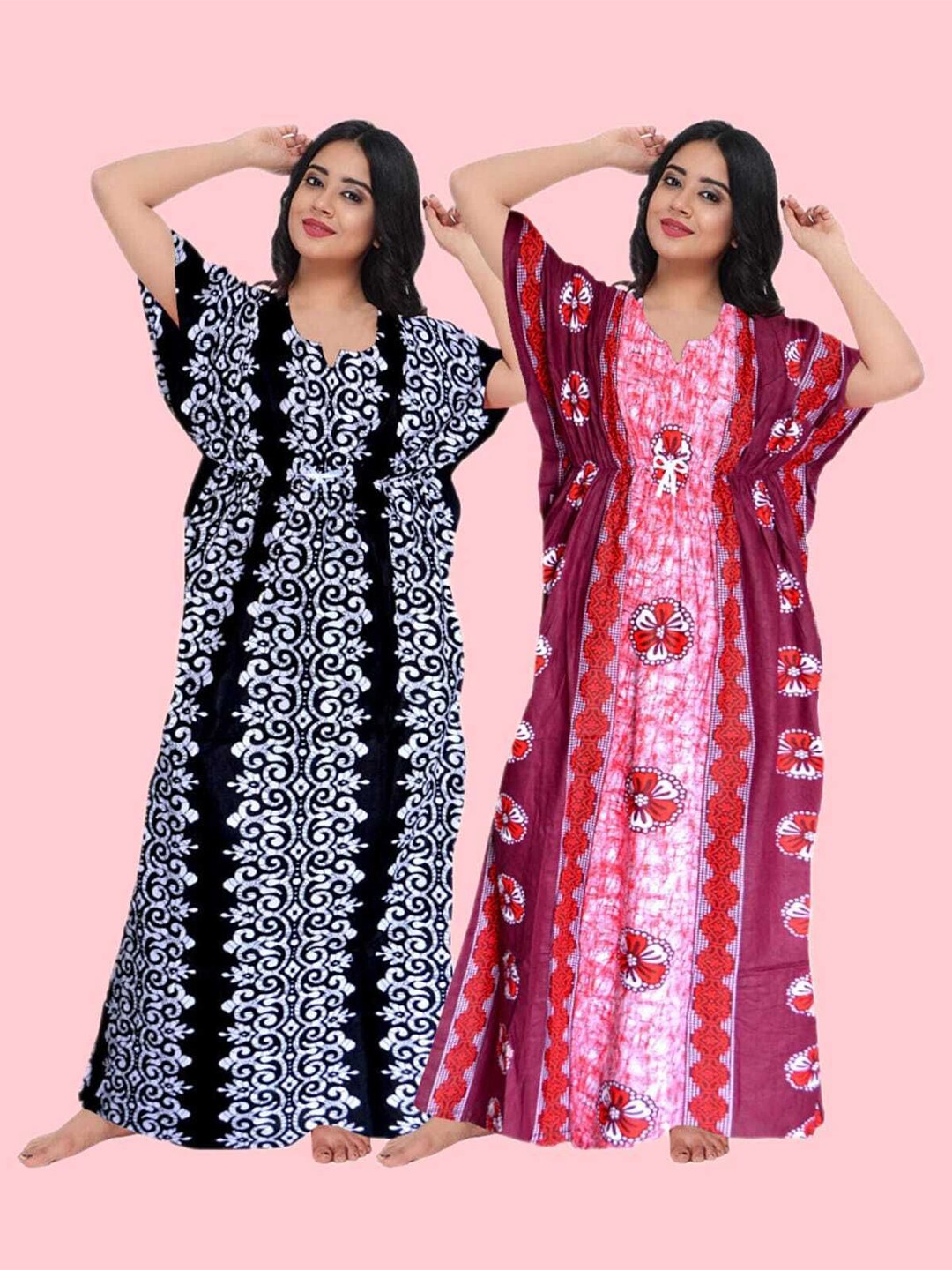 

PR PINK ROYAL Women Pack Of 2 Pure Cotton Ethnic Motifs Printed Maxi Kaftan Nightdress, Black