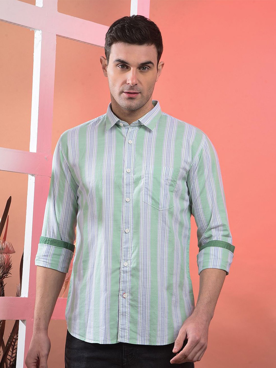 

COBB Men Spread Collar Vertical Striped Cotton Casual Shirt, Green