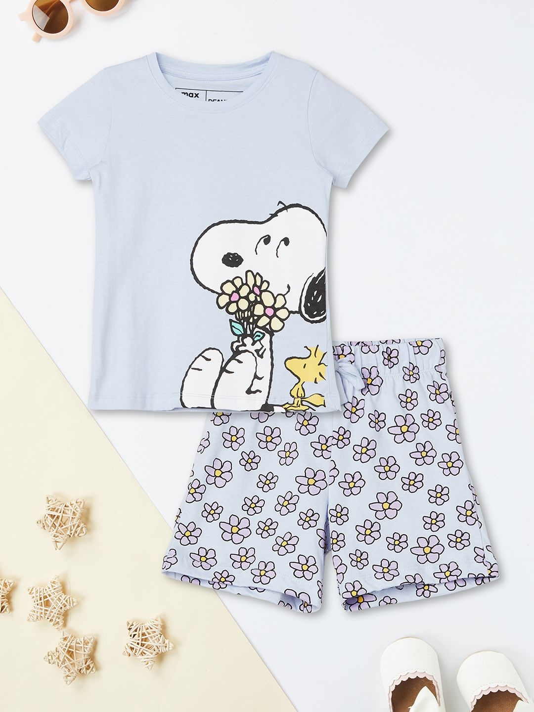 

max Girls Printed Round Neck Pure Cotton T-Shirt With Shorts, Blue