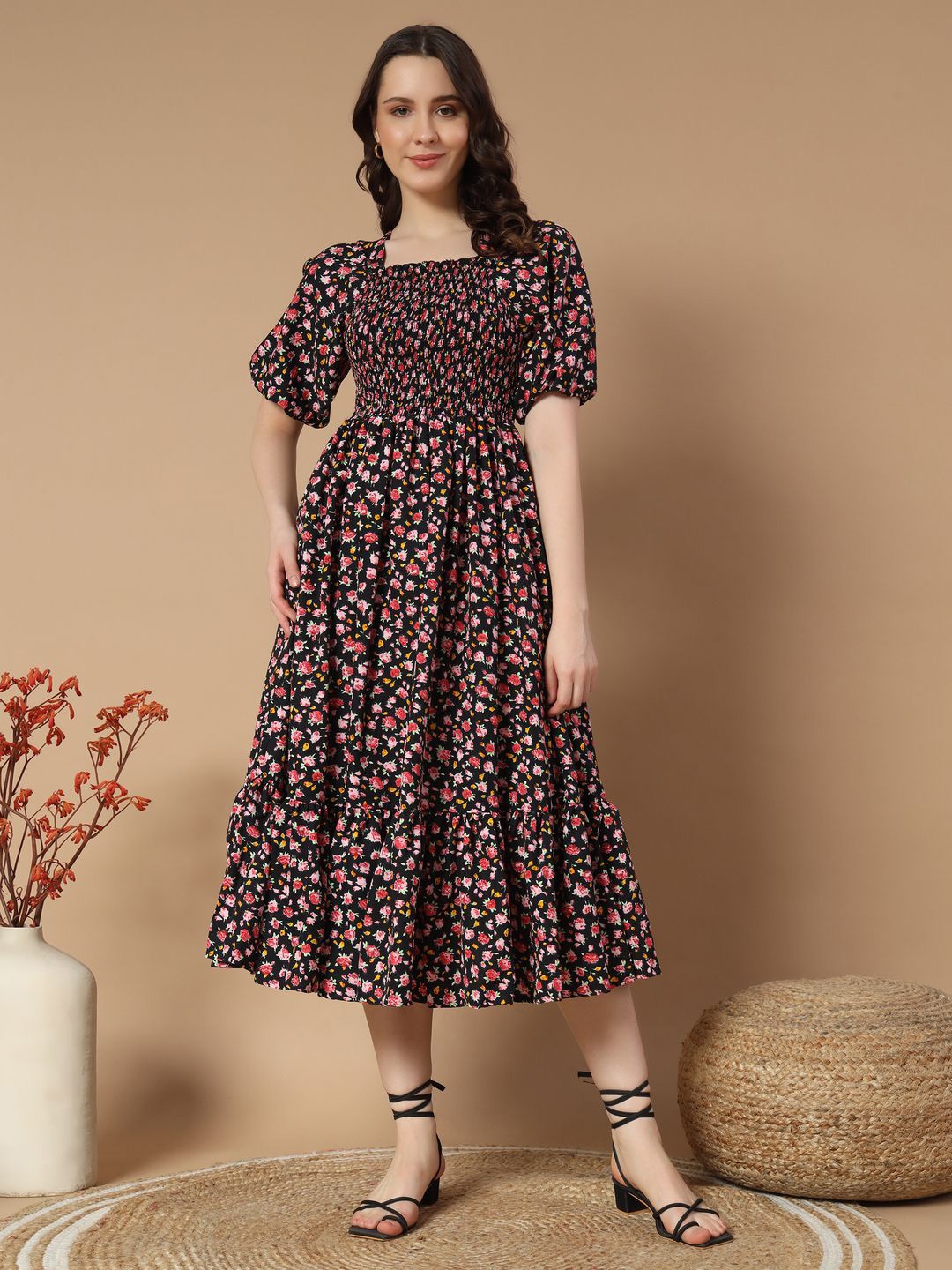 

ZWERLON Floral Print Puff Sleeve A-Line Midi Dress, Black