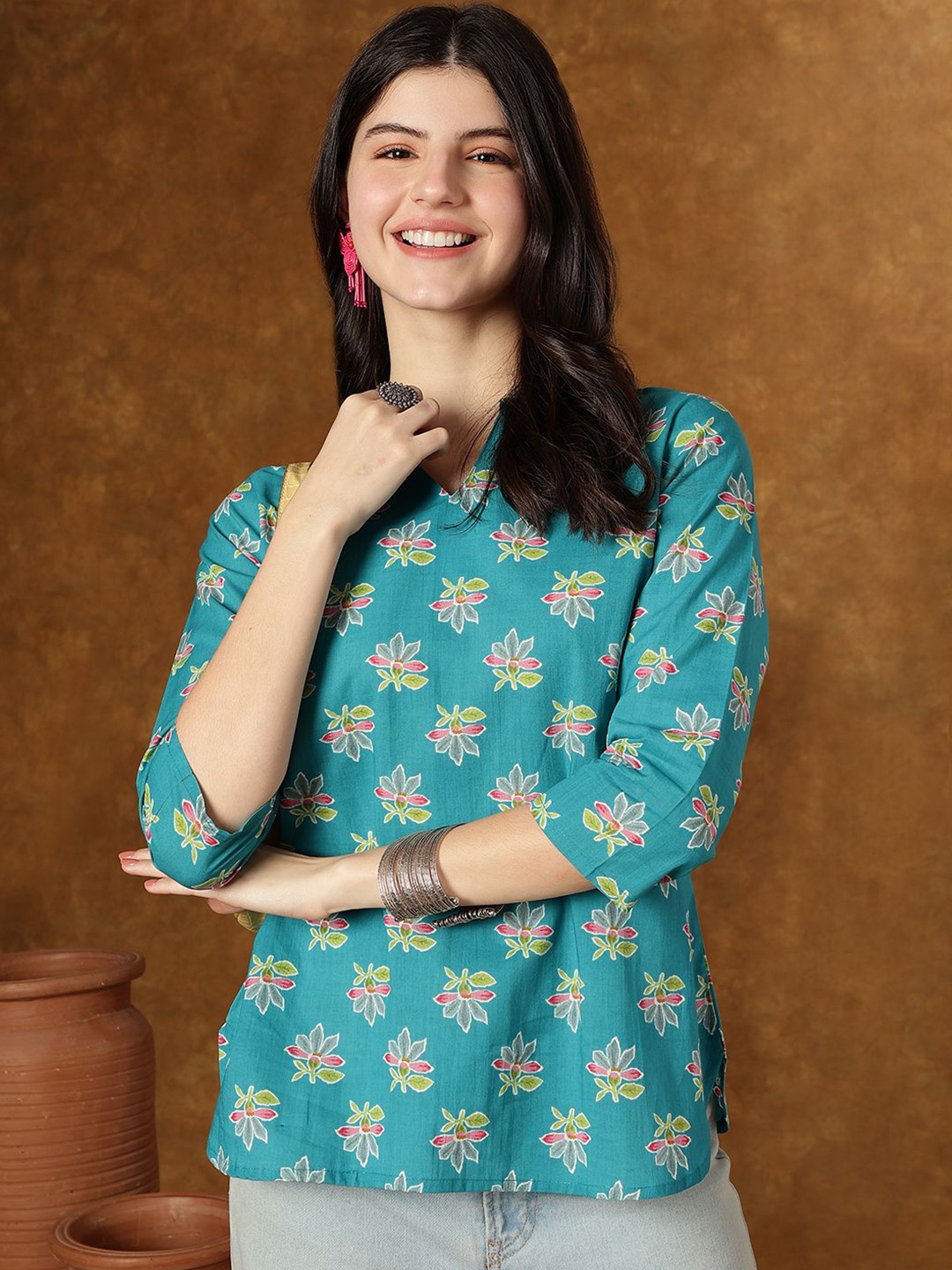 

JANAKDULARI CREATION Women Floral Printed Mandarin Collar Cotton Top, Turquoise blue