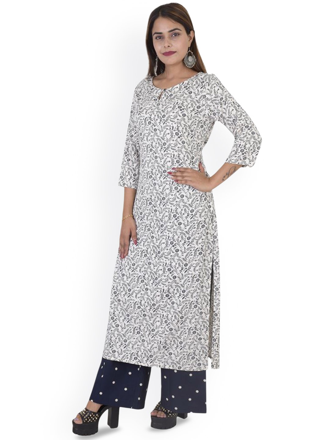 

KHUSHIBA Women Floral Printed Keyhole Neck Cotton Straight Kurta, White