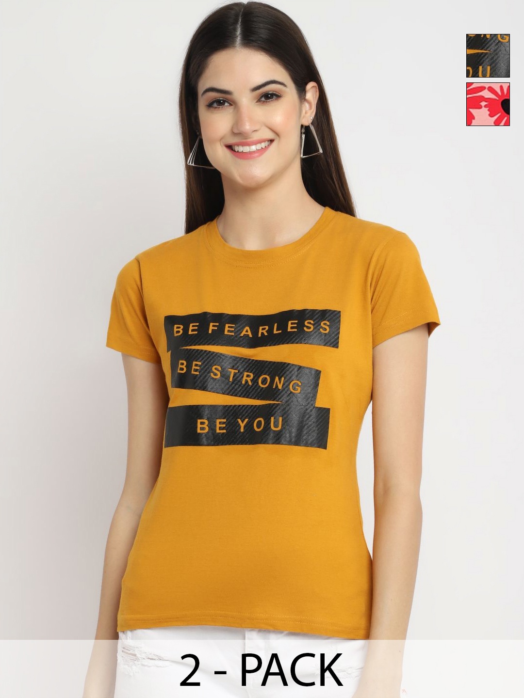 

Dreambe Women Pack Of 2 Graphic Printed Round Neck Cotton T-shirts, Mustard