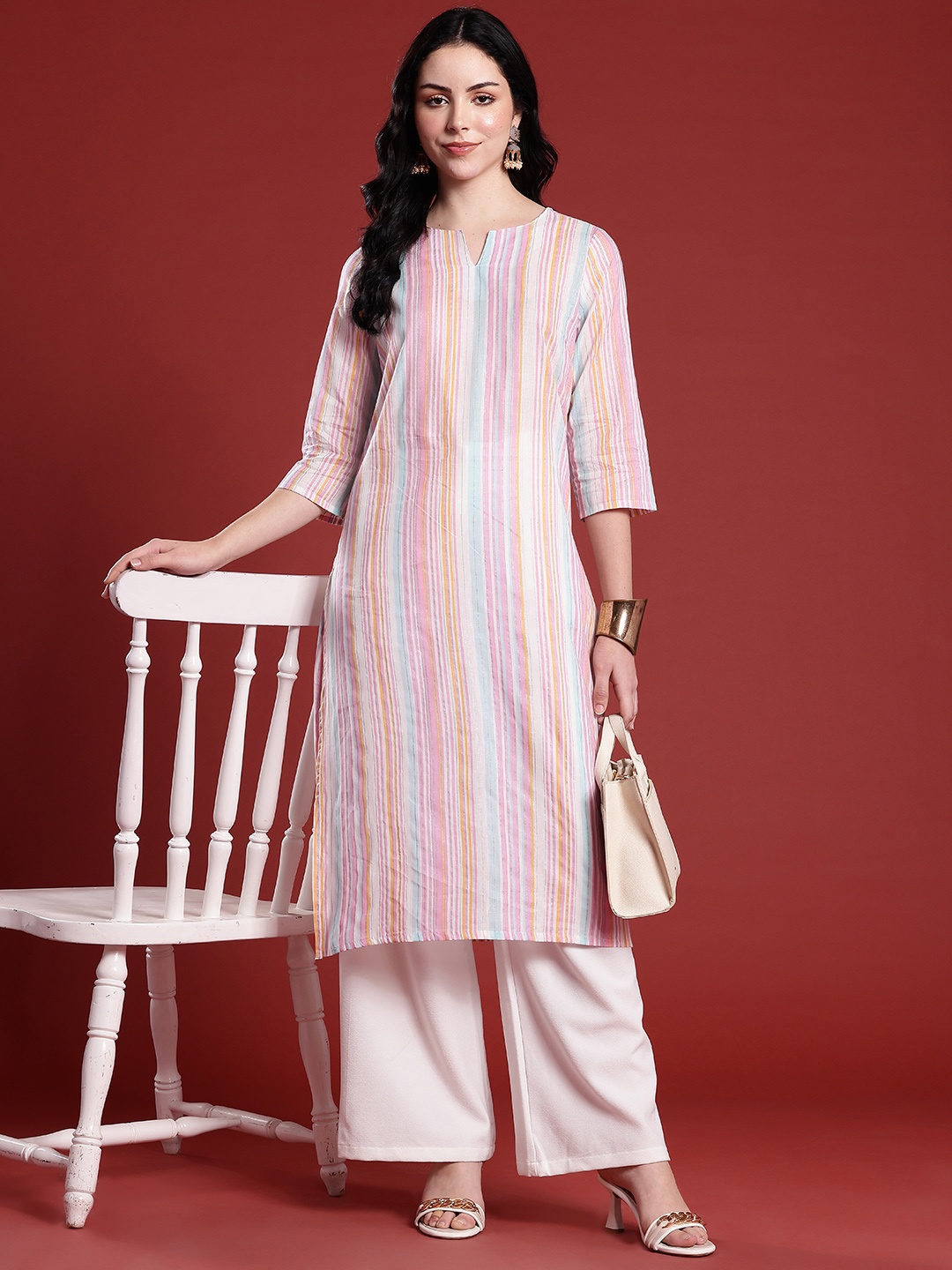 

Anouk Cotton Multi-Striped Straight Kurta, White